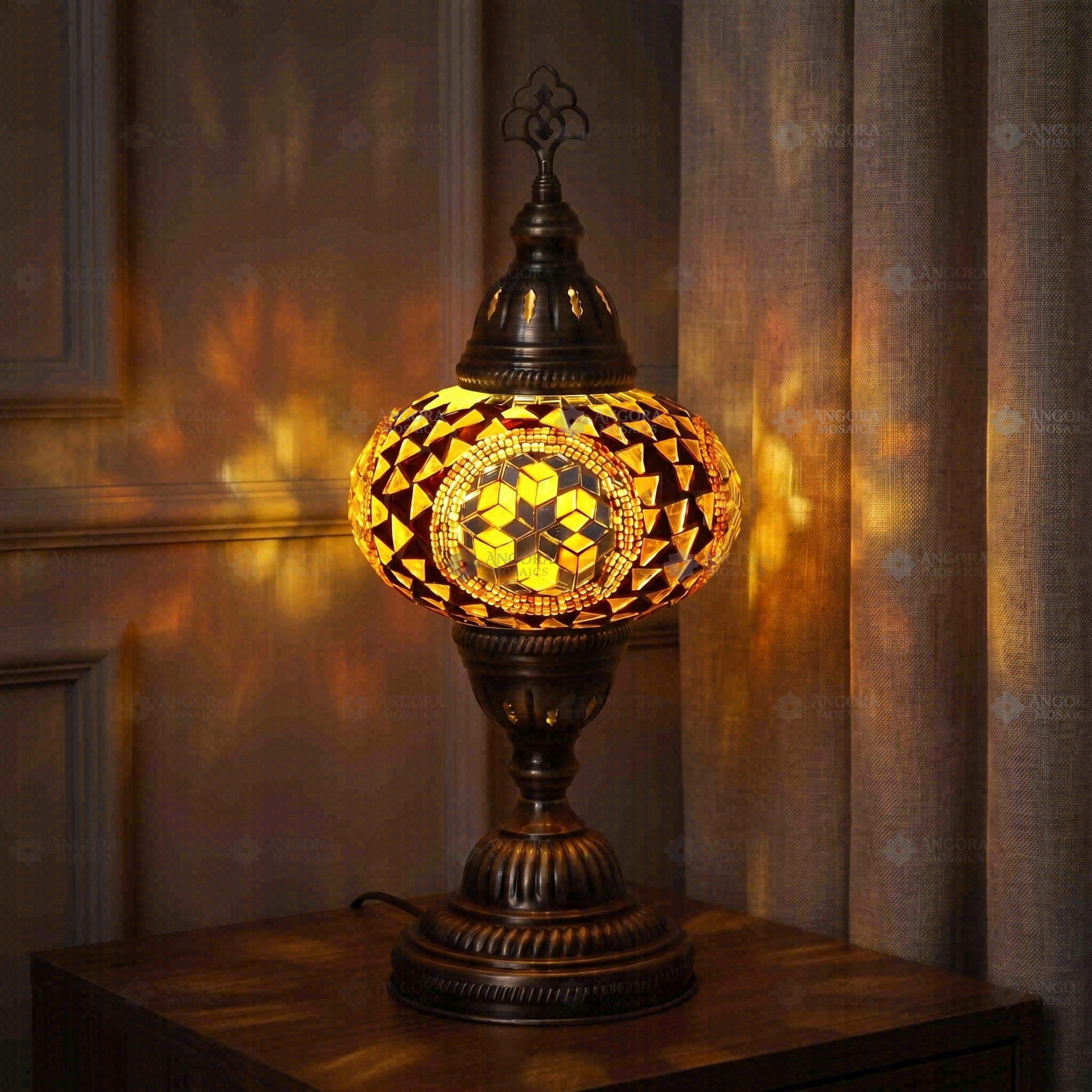 Amber warm amber Turkish mosaic table lamp in styled room — handmade Moroccan table lamp (ENV MUN3089)
