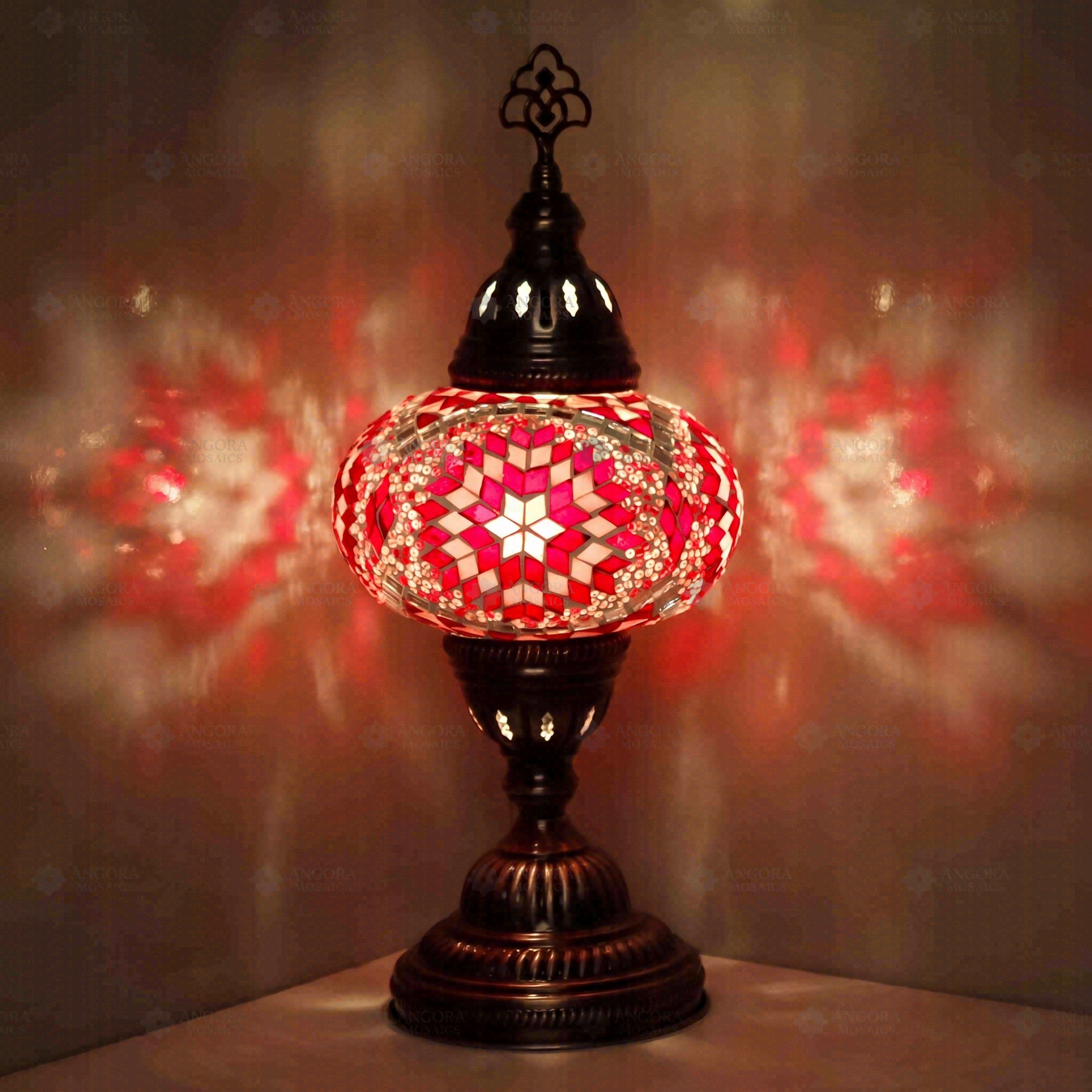 Red Turkish mosaic table lamp illuminated, showing colorful light projection (ENV MUN3090)