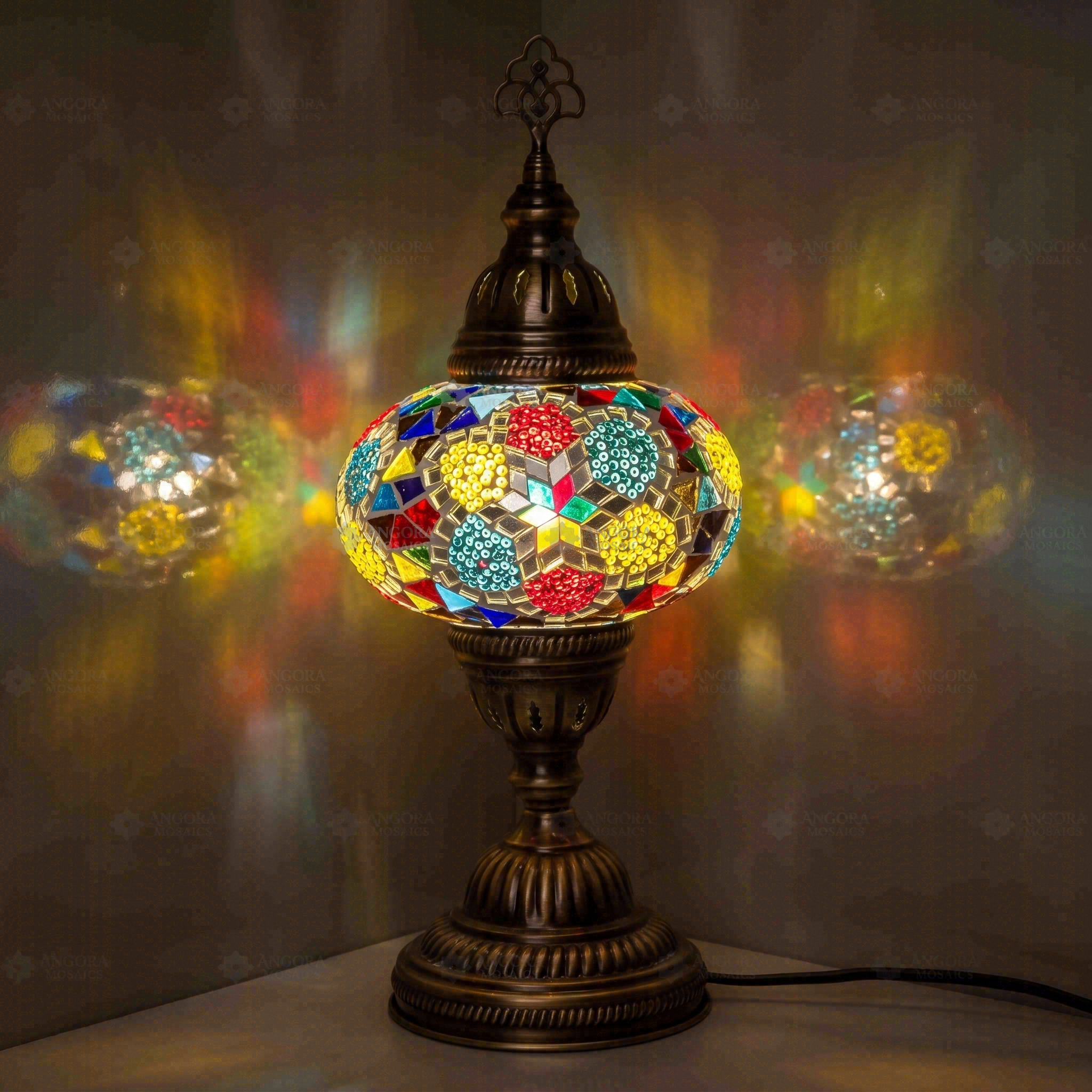 Multicolor Turkish mosaic table lamp illuminated, showing colorful light projection (ENV MUN3091)