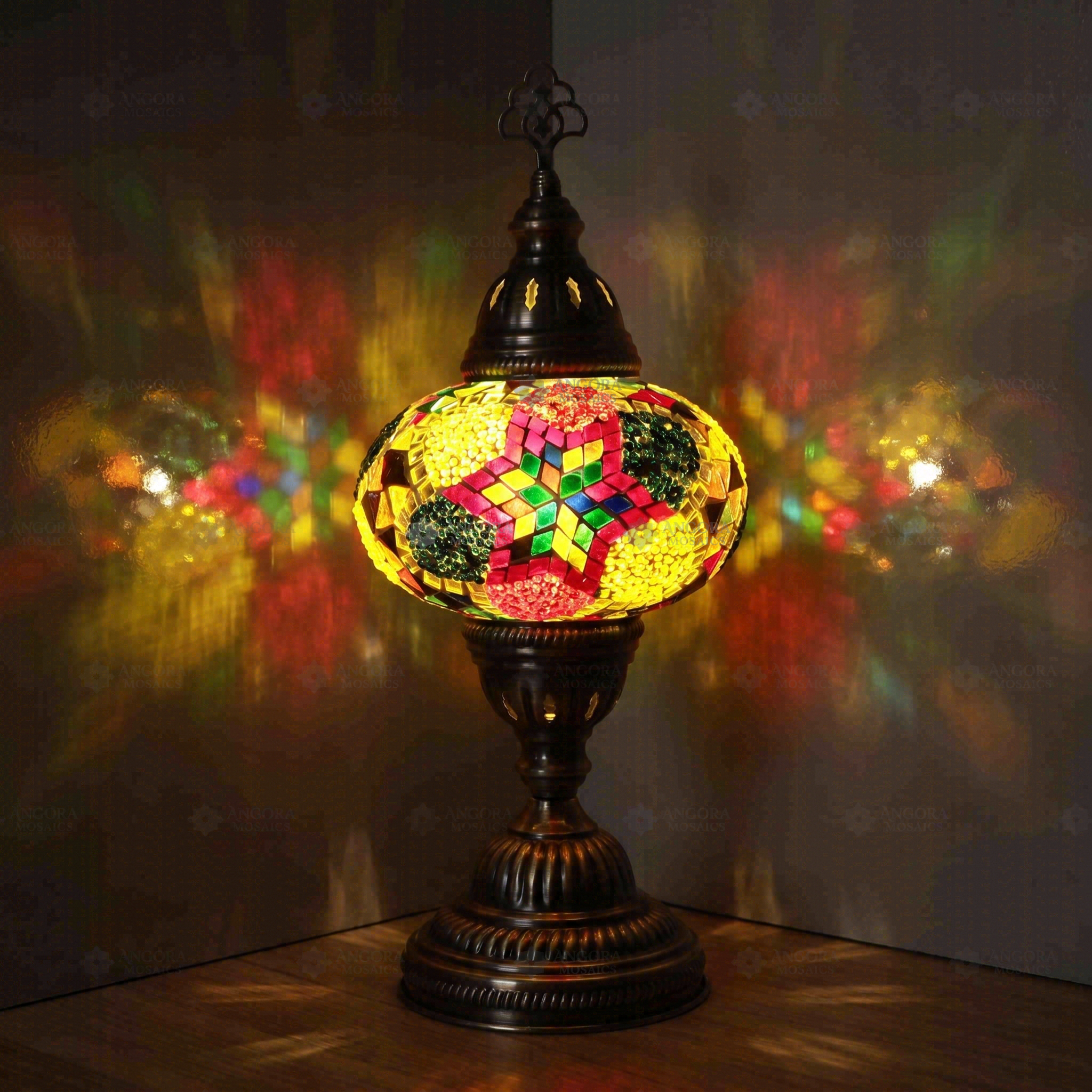 Multicolor Turkish mosaic table lamp illuminated, showing colorful light projection (ENV MUN3093)