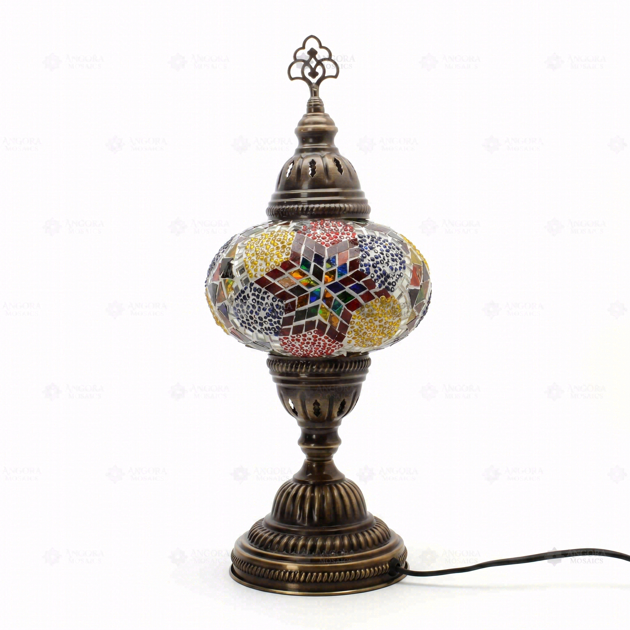 Full view of handmade Multicolor multicolor jewel Turkish mosaic table lamp on white background (ENV MUN3093)