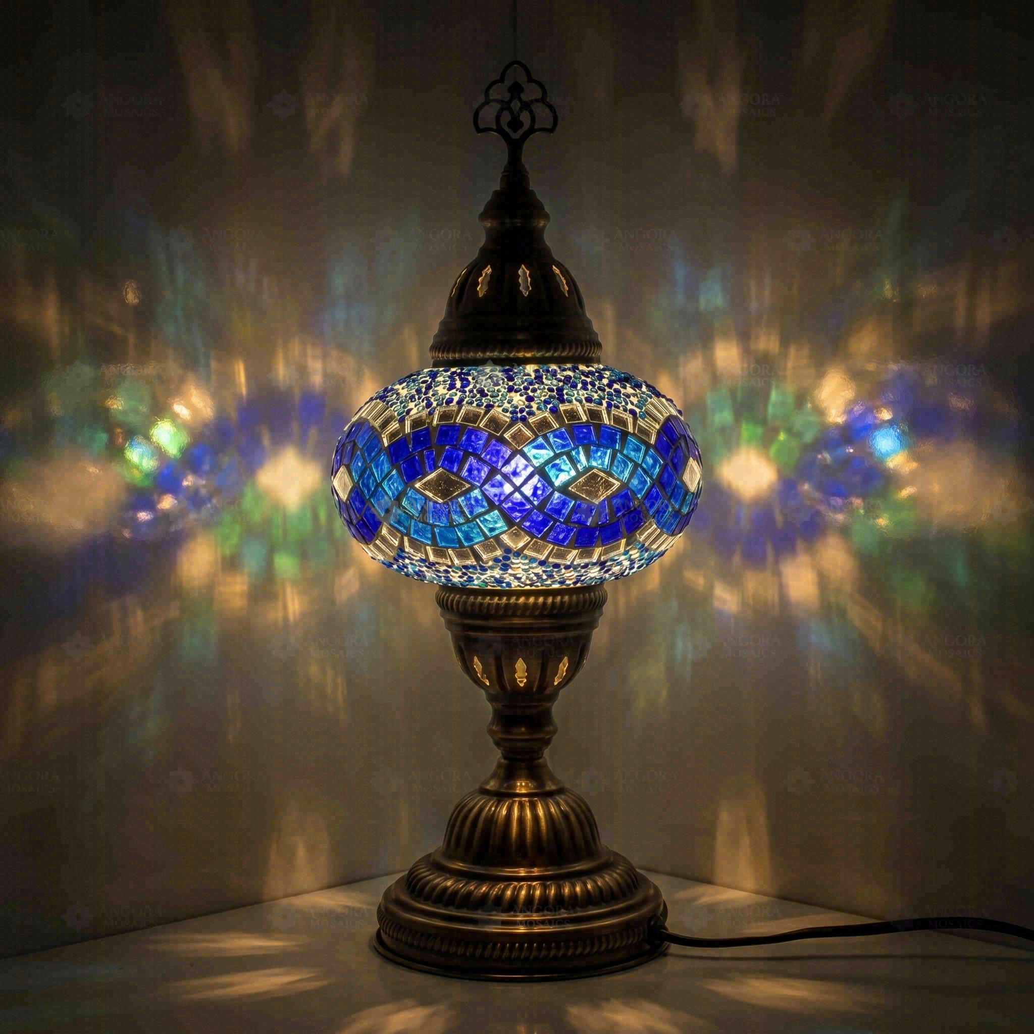 Blue Turkish mosaic table lamp illuminated, showing colorful light projection (ENV MUN3094)