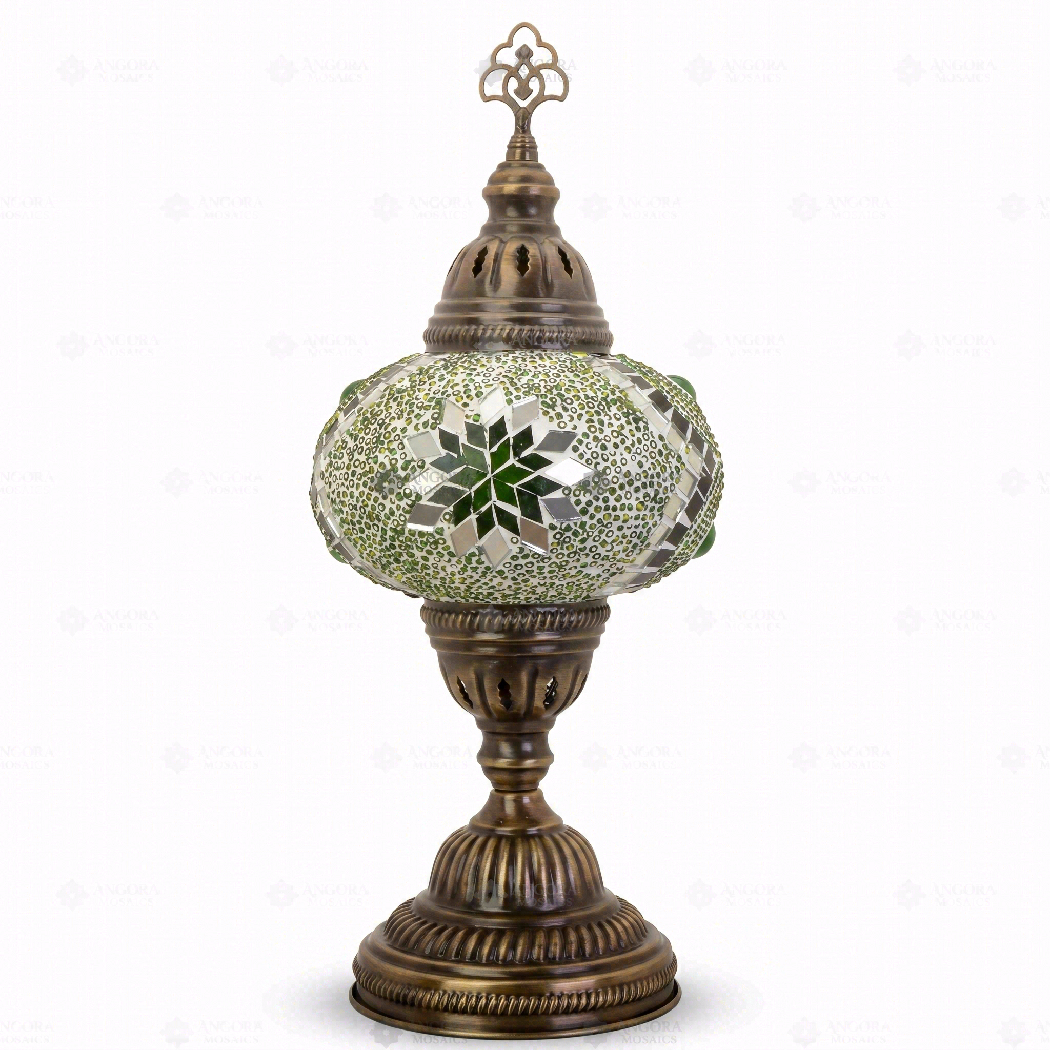 Full view of handmade Green green jewel Turkish mosaic table lamp on white background (ENV MUN3096)
