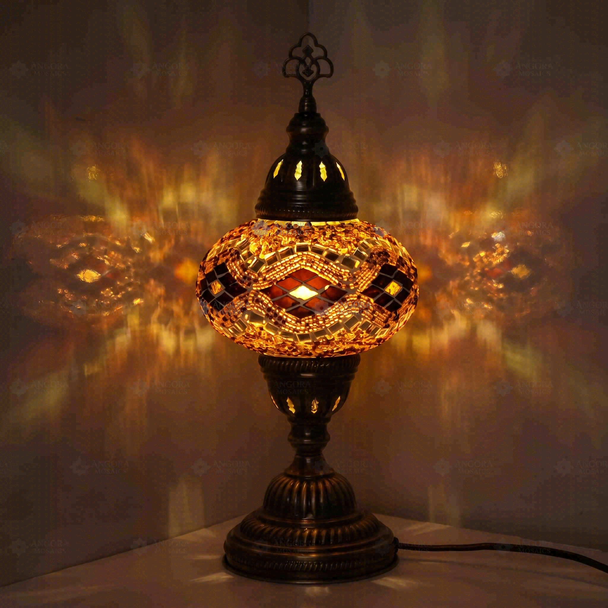 Amber Turkish mosaic table lamp illuminated, showing colorful light projection (ENV MUN3097)