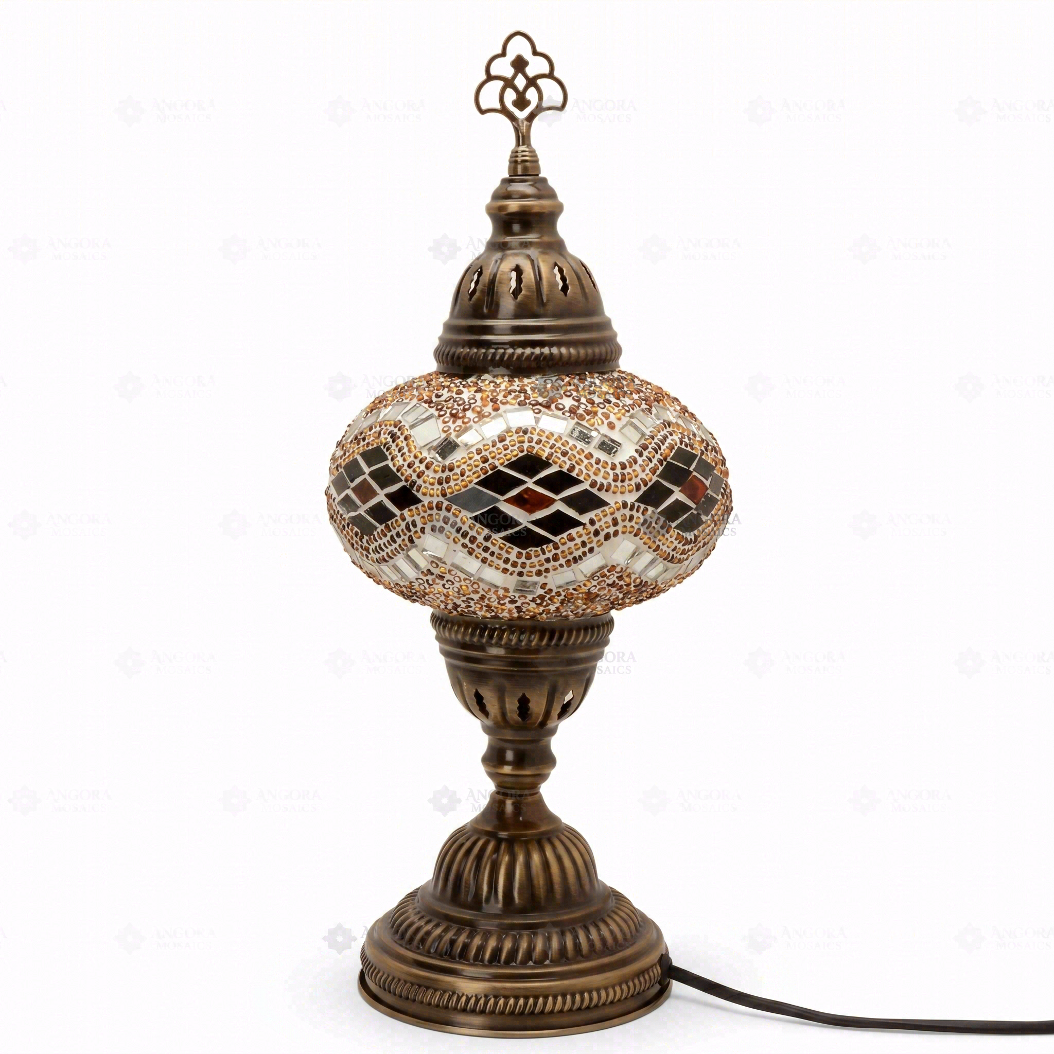 Full view of handmade Amber warm amber Turkish mosaic table lamp on white background (ENV MUN3097)