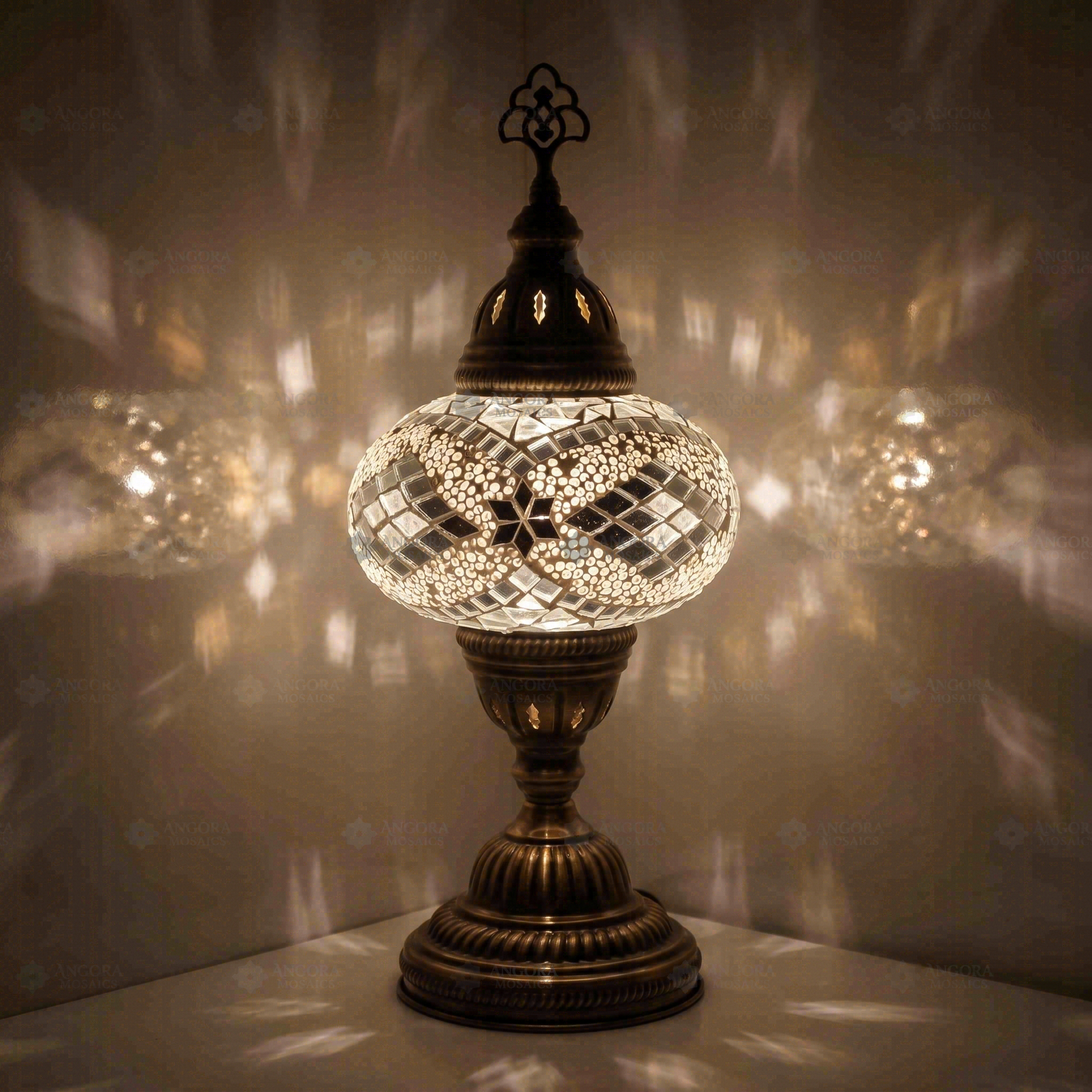 White Turkish mosaic table lamp illuminated, showing colorful light projection (ENV MUN3098)