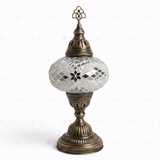 Full view of handmade White white glow Turkish mosaic table lamp on white background (ENV MUN3098)