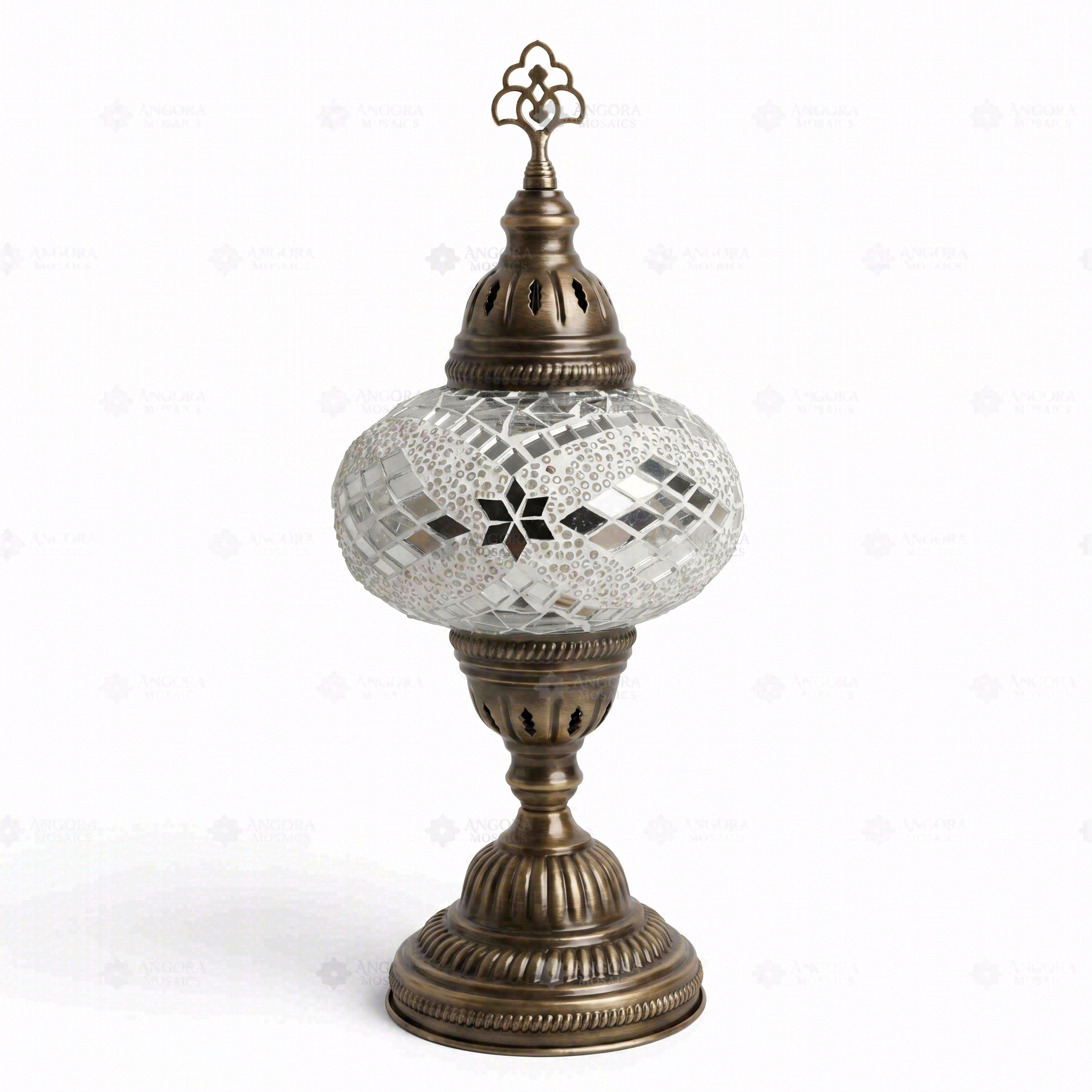 Full view of handmade White white glow Turkish mosaic table lamp on white background (ENV MUN3098)