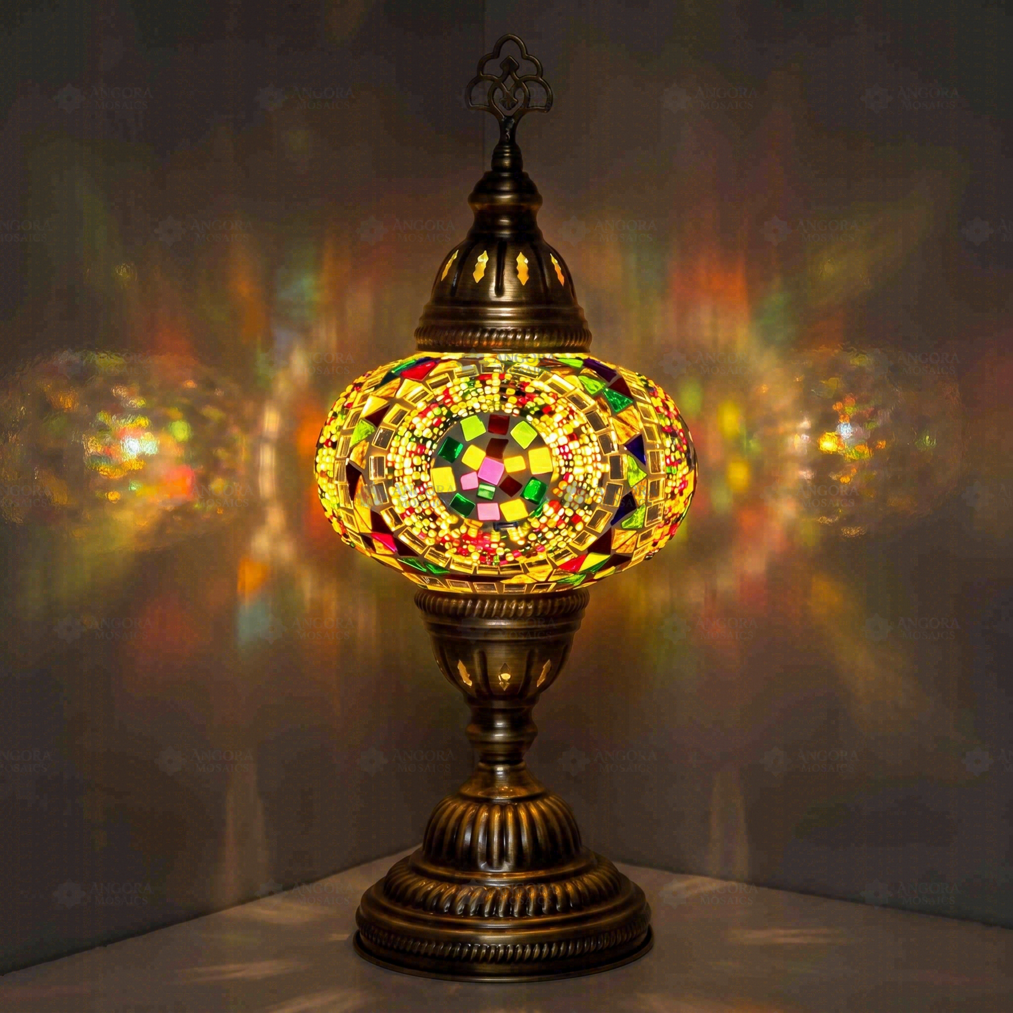 Multicolor Turkish mosaic table lamp illuminated, showing colorful light projection (ENV MUN3099)