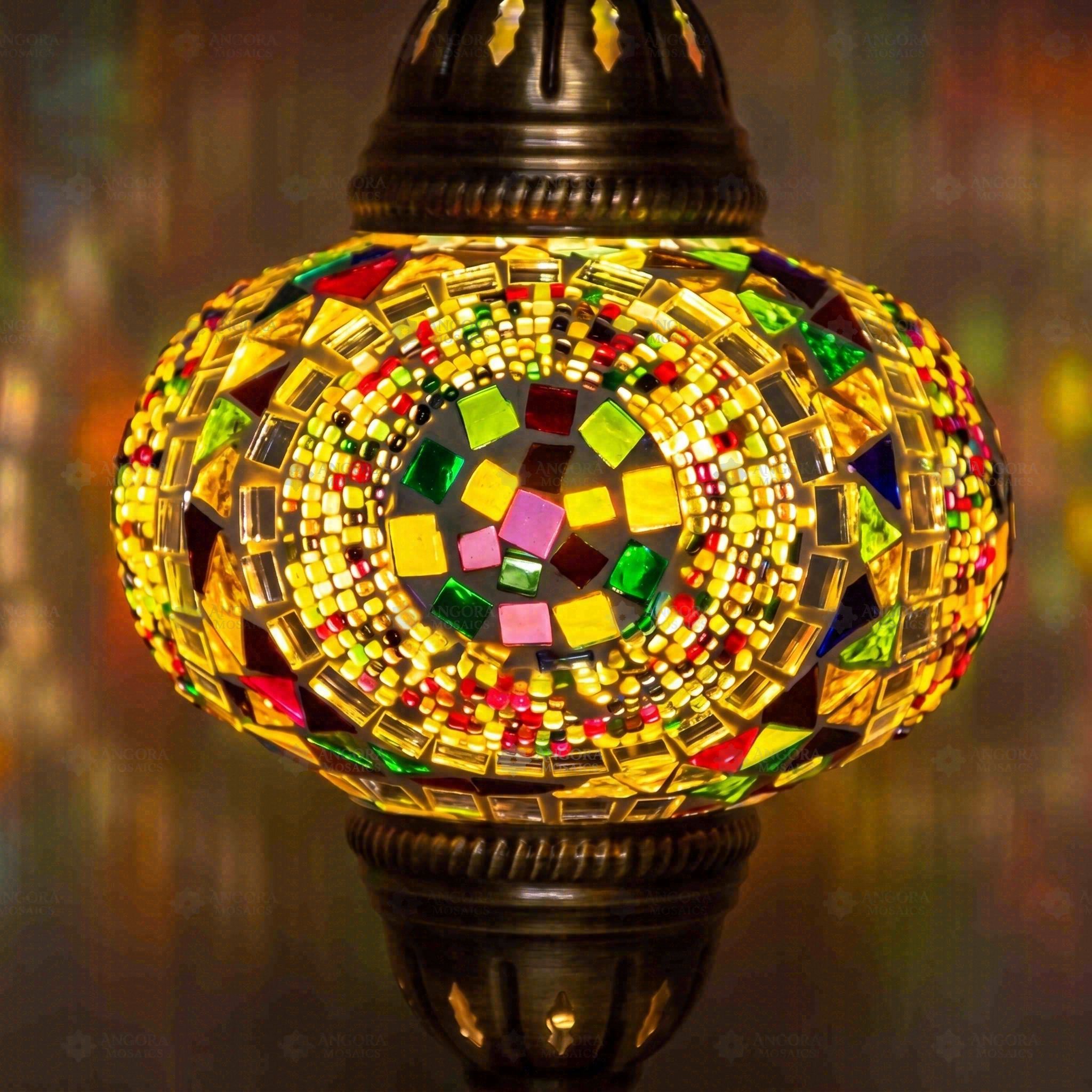 Lit close-up of mosaic glass globe — Multicolor table lamp glowing (ENV MUN3099)
