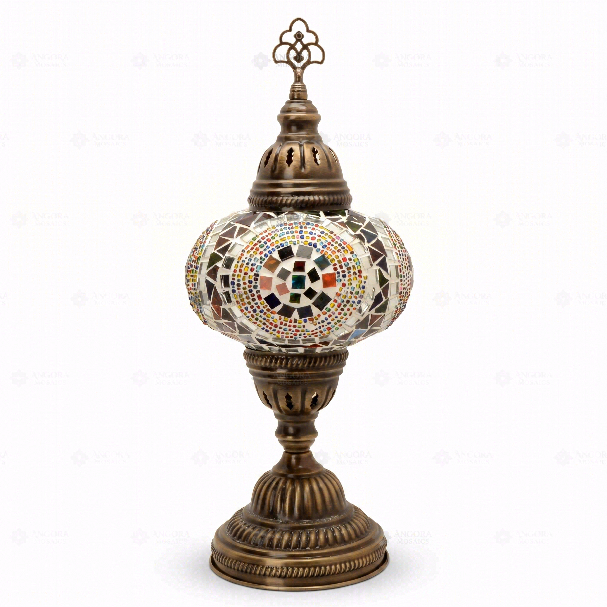 Full view of handmade Multicolor multicolor jewel Turkish mosaic table lamp on white background (ENV MUN3099)