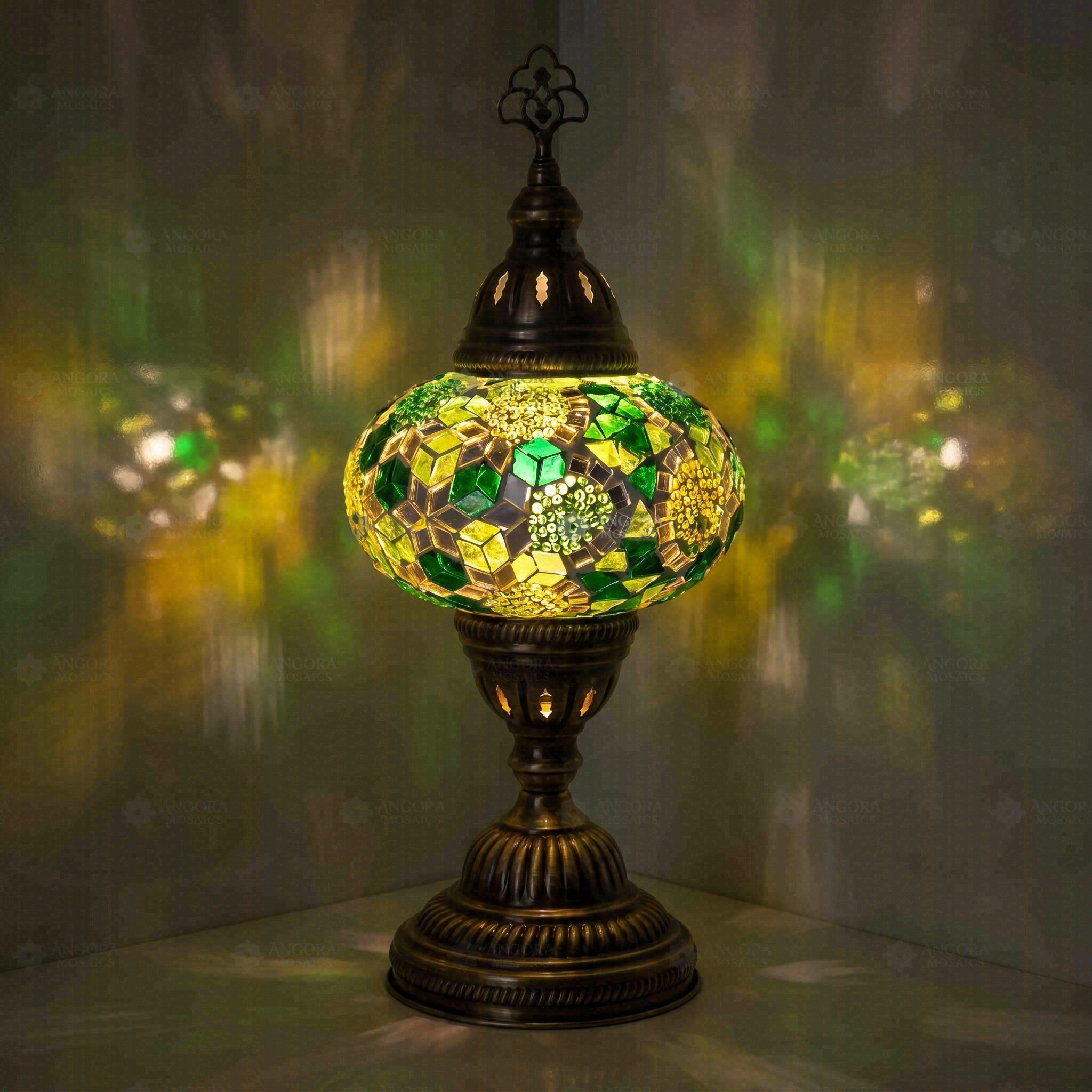 Green Turkish mosaic table lamp illuminated, showing colorful light projection (ENV MUN3100)
