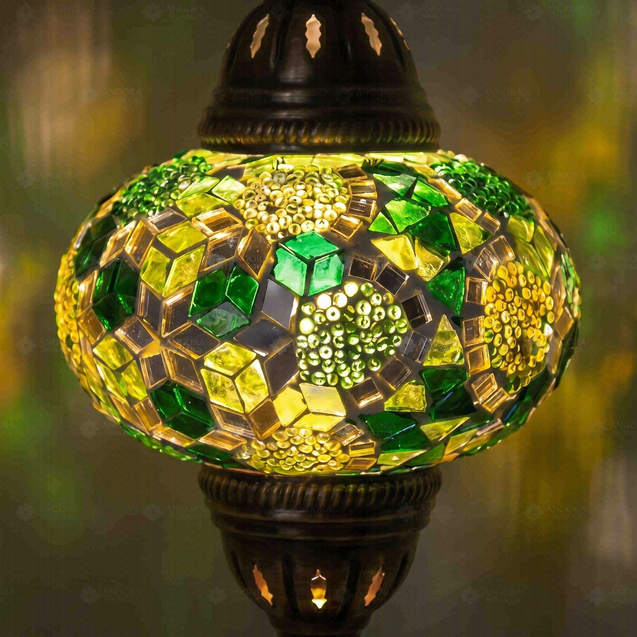 Lit close-up of mosaic glass globe — Green table lamp glowing (ENV MUN3100)