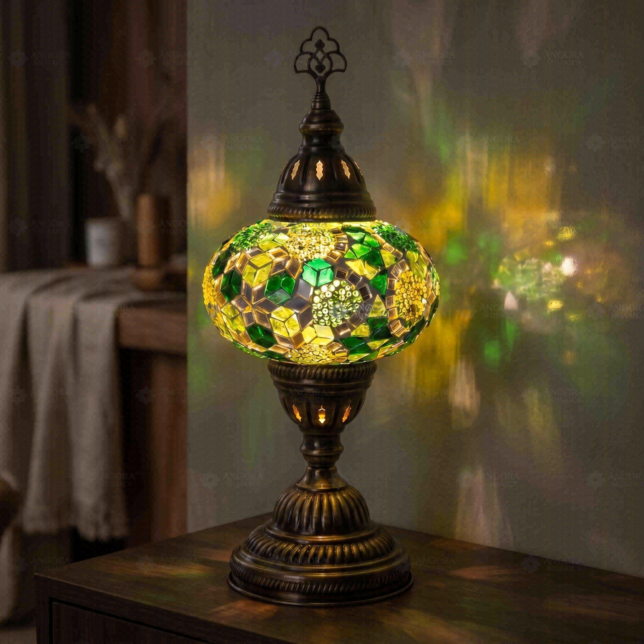 Green green jewel Turkish mosaic table lamp in styled room — handmade Moroccan table lamp (ENV MUN3100)