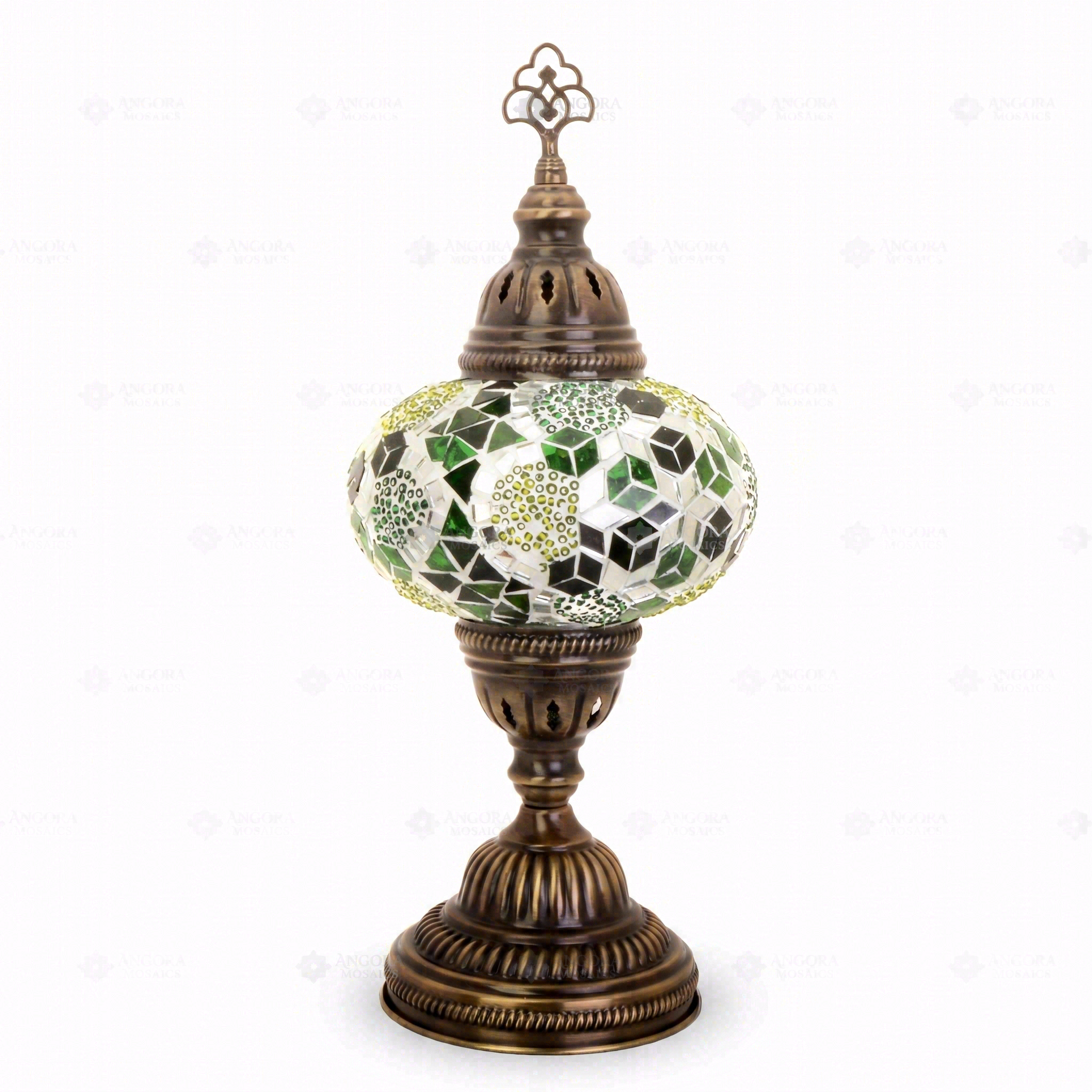 Full view of handmade Green green jewel Turkish mosaic table lamp on white background (ENV MUN3100)