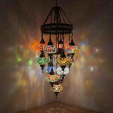 Multicolor Turkish mosaic chandelier illuminated, showing colorful light projection (ENV SLT13N3 (01-03-04-09-11-13-15-17-19-21-25-29-34))