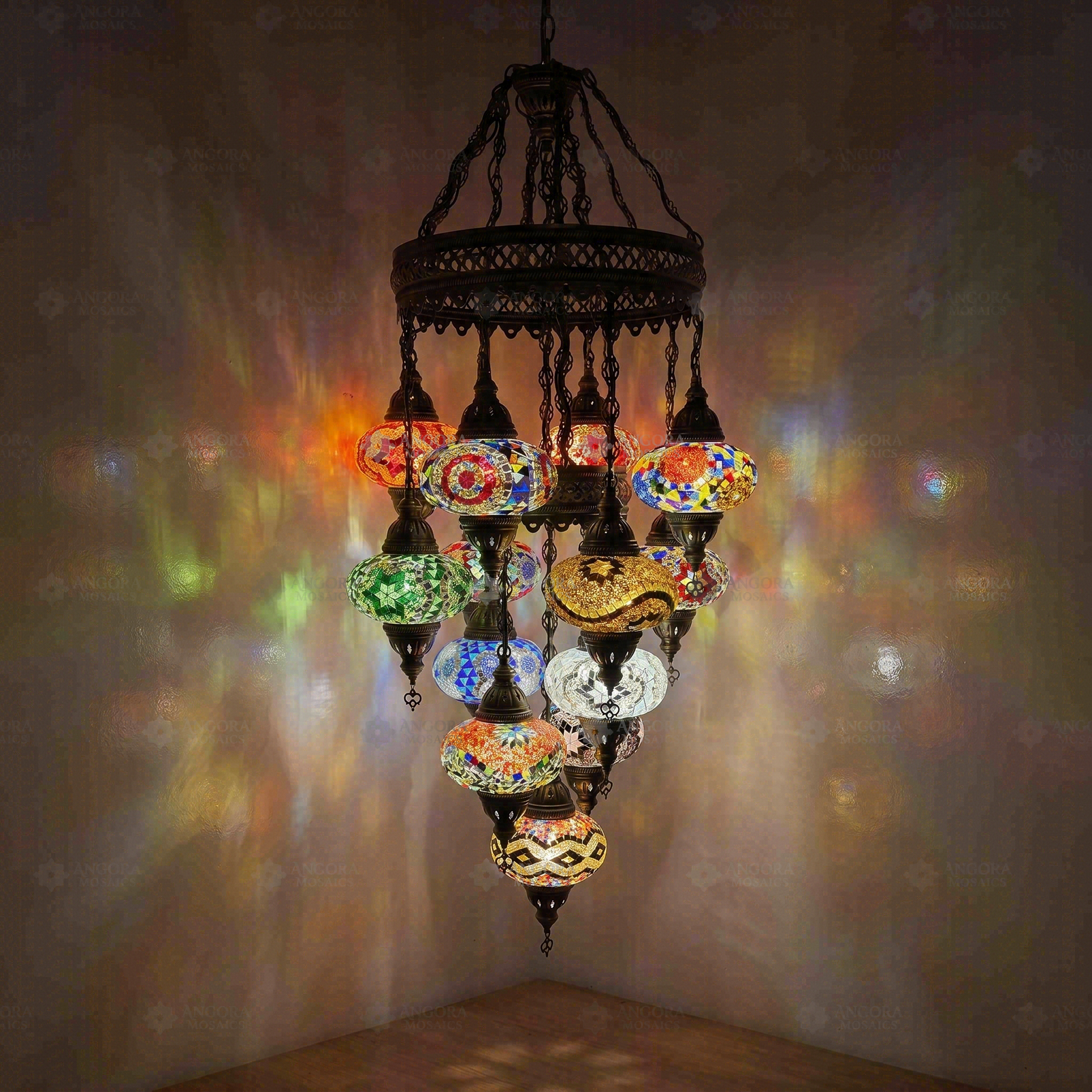 Multicolor Turkish mosaic chandelier illuminated, showing colorful light projection (ENV SLT13N3 (01-03-04-09-11-13-15-17-19-21-25-29-34))
