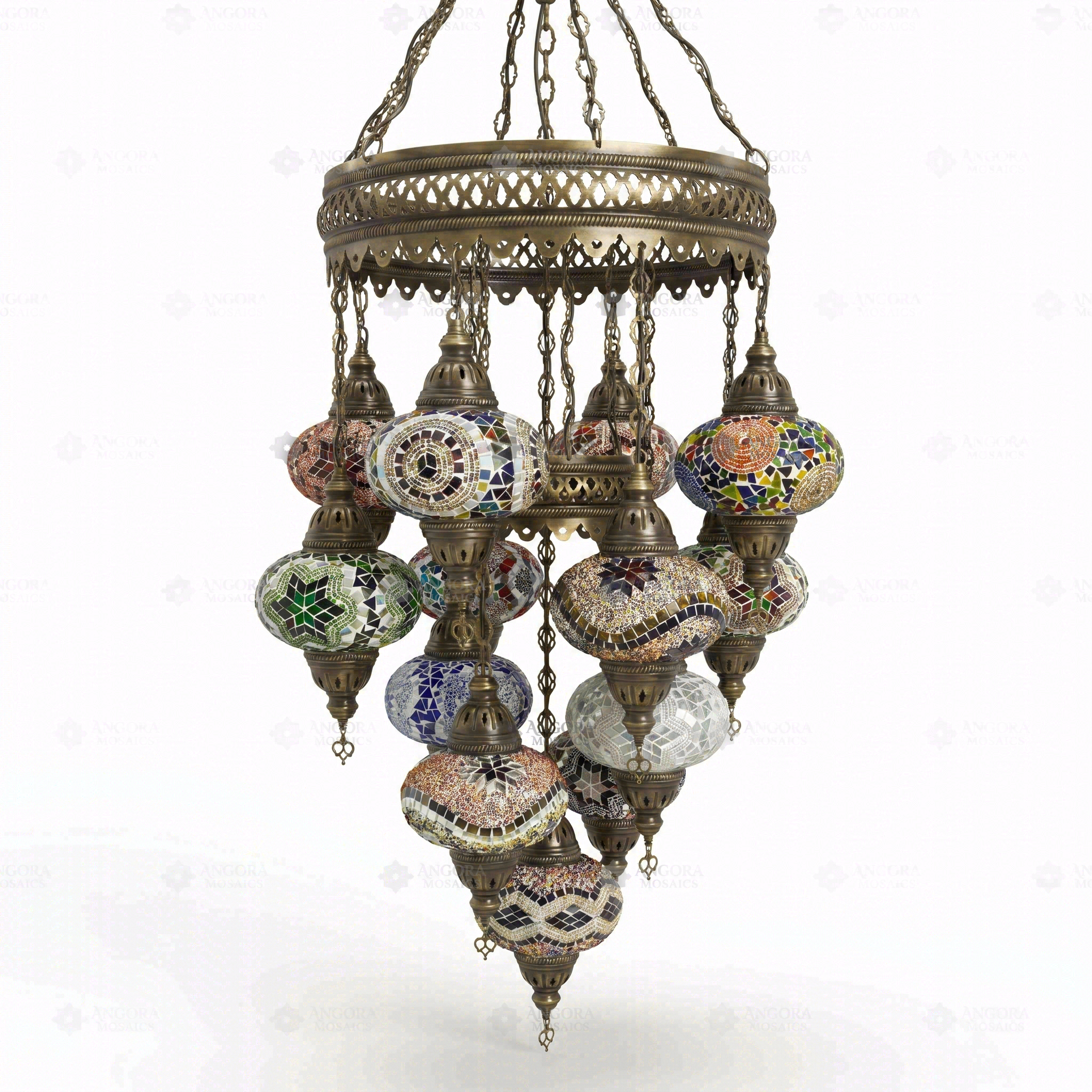 Full view of handmade Multicolor multicolor jewel Turkish mosaic chandelier on white background (ENV SLT13N3 (01-03-04-09-11-13-15-17-19-21-25-29-34))