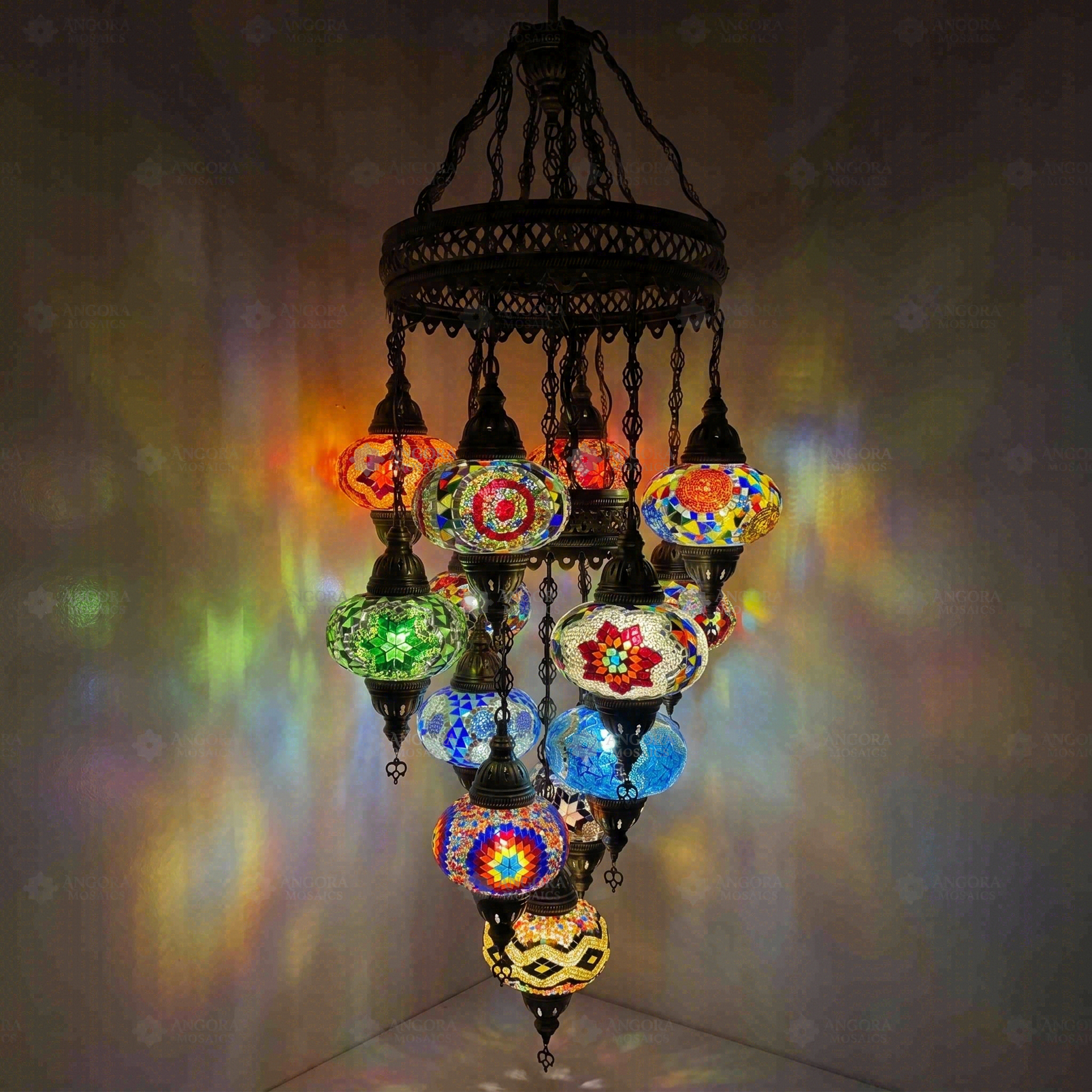 Multicolor Turkish mosaic chandelier illuminated, showing colorful light projection (ENV SLT13N3 (01-03-07-09-11-13-15-16-17-18-19-21-34))