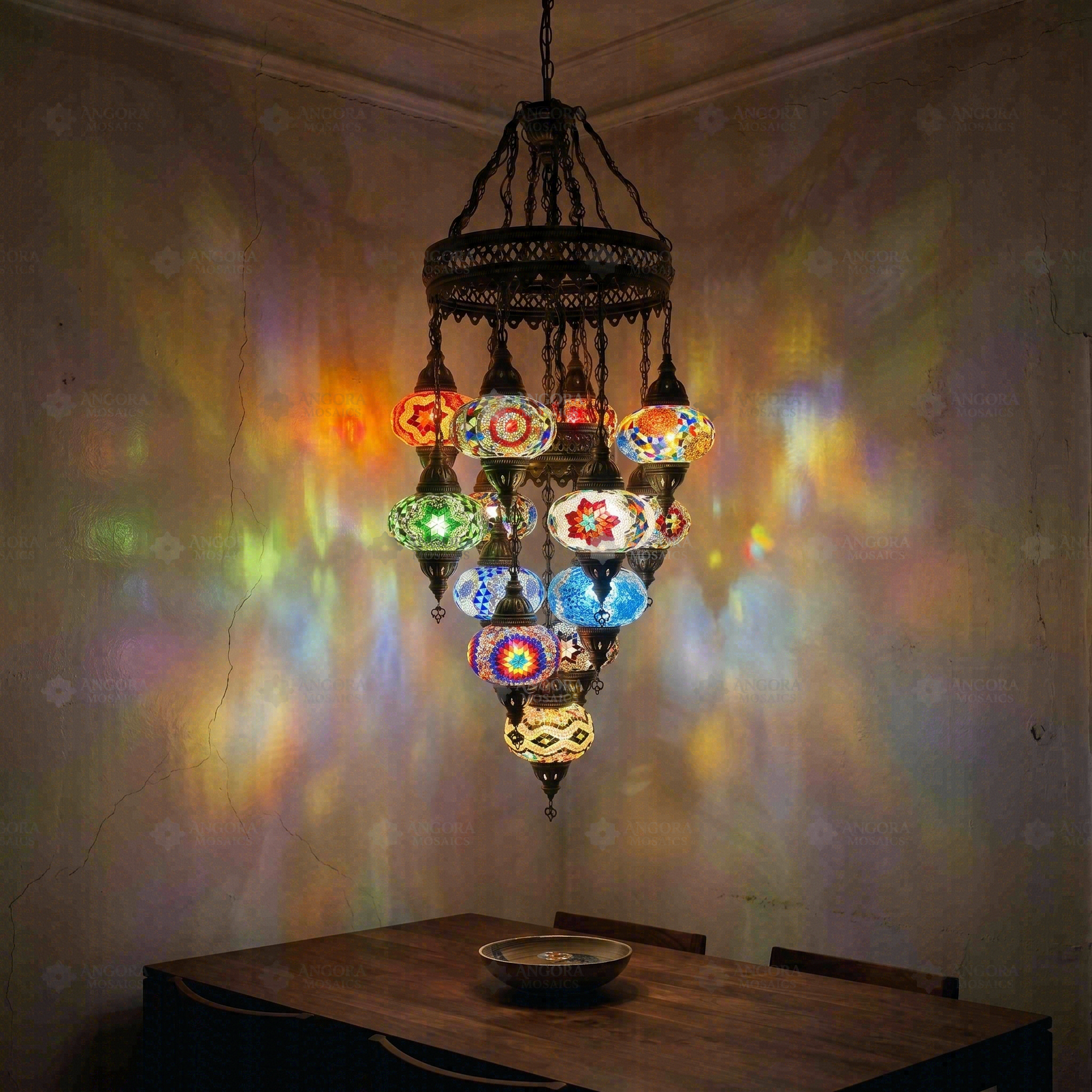 Multicolor multicolor jewel Turkish mosaic chandelier in styled room — handmade Moroccan chandelier (ENV SLT13N3 (01-03-07-09-11-13-15-16-17-18-19-21-34))