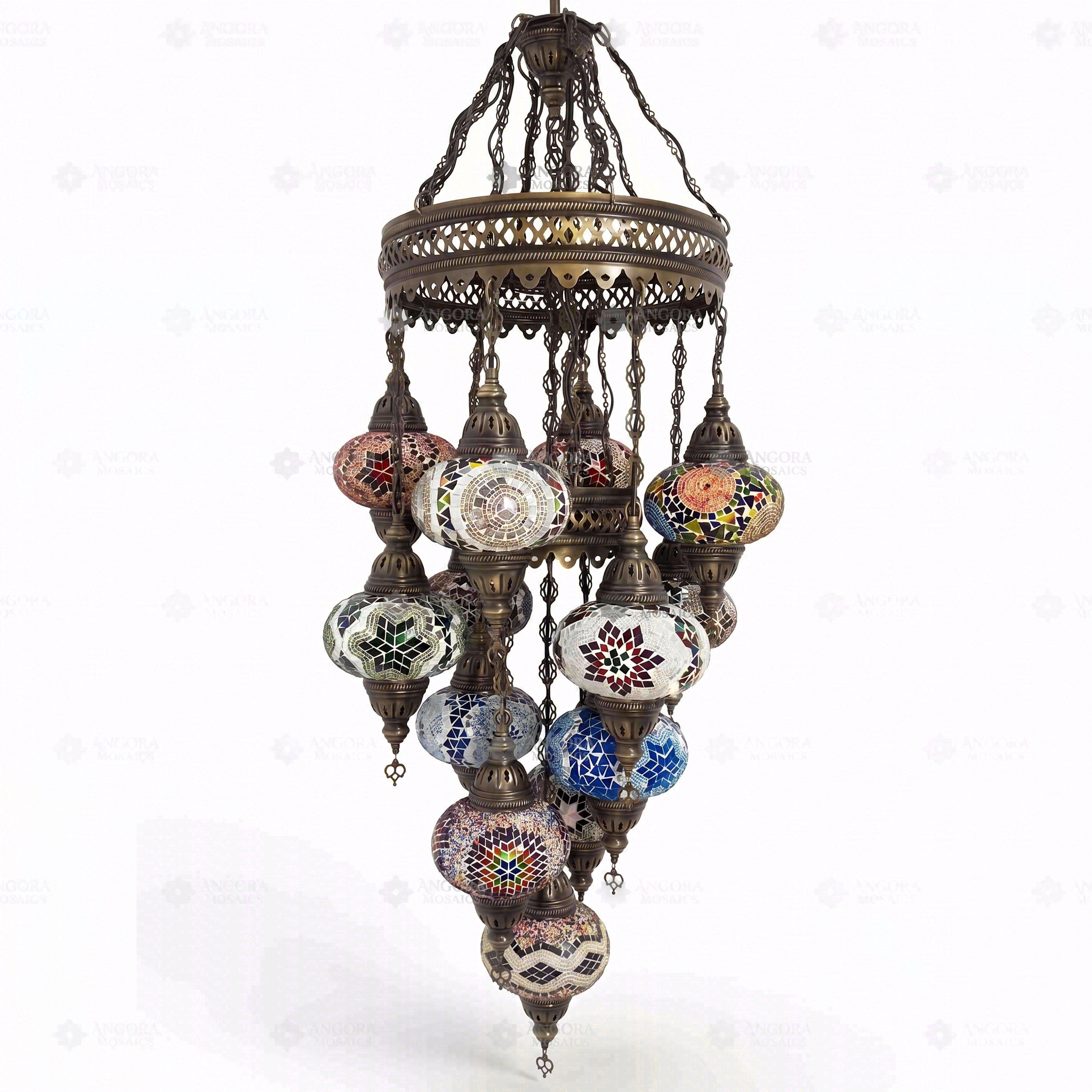 Full view of handmade Multicolor multicolor jewel Turkish mosaic chandelier on white background (ENV SLT13N3 (01-03-07-09-11-13-15-16-17-18-19-21-34))