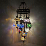 Multicolor Turkish mosaic chandelier illuminated, showing colorful light projection (ENV SLT13N3 (12-13-18-20-23-36-40-43-61-64-87-88-100))
