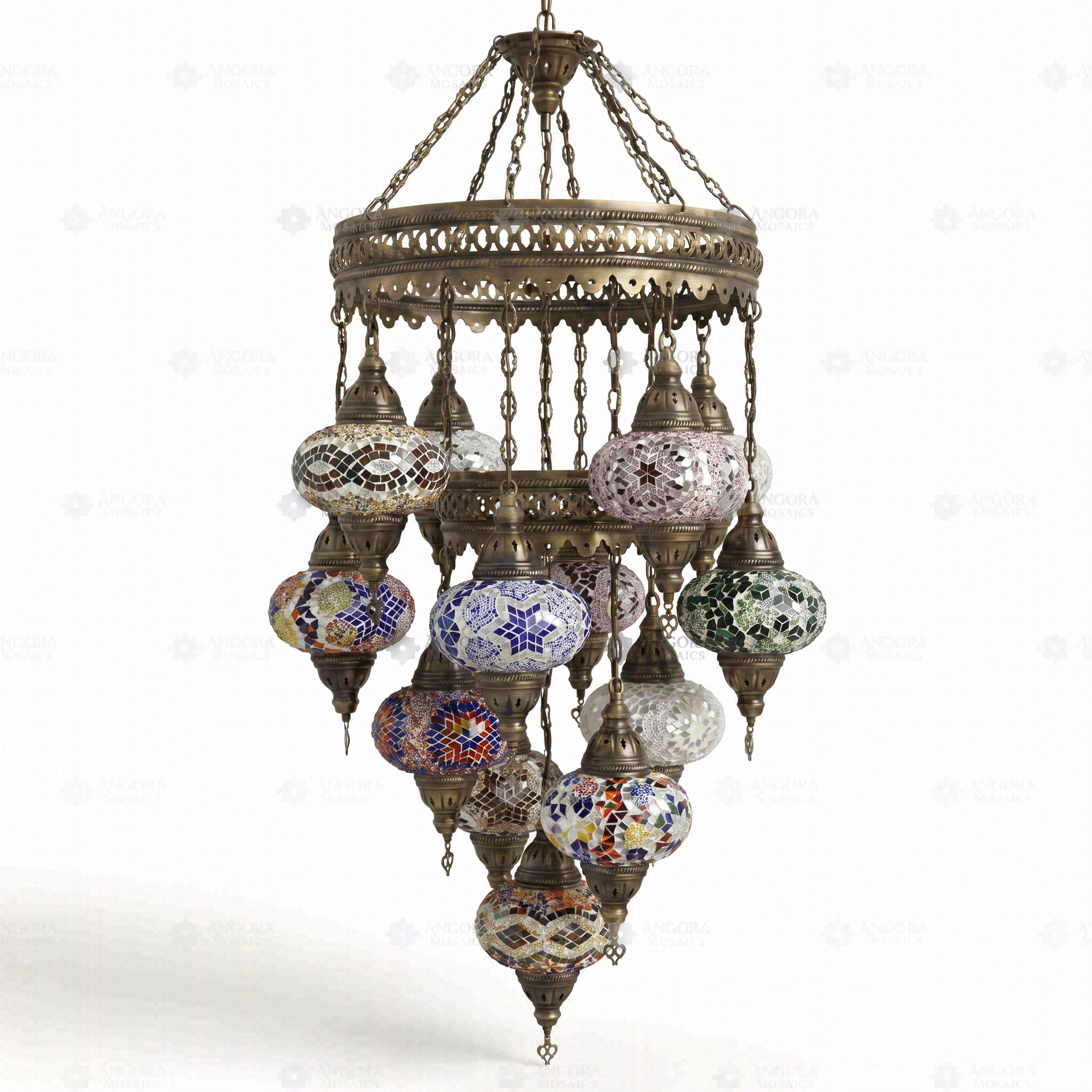 Full view of handmade Multicolor multicolor jewel Turkish mosaic chandelier on white background (ENV SLT13N3 (12-13-18-20-23-36-40-43-61-64-87-88-100))