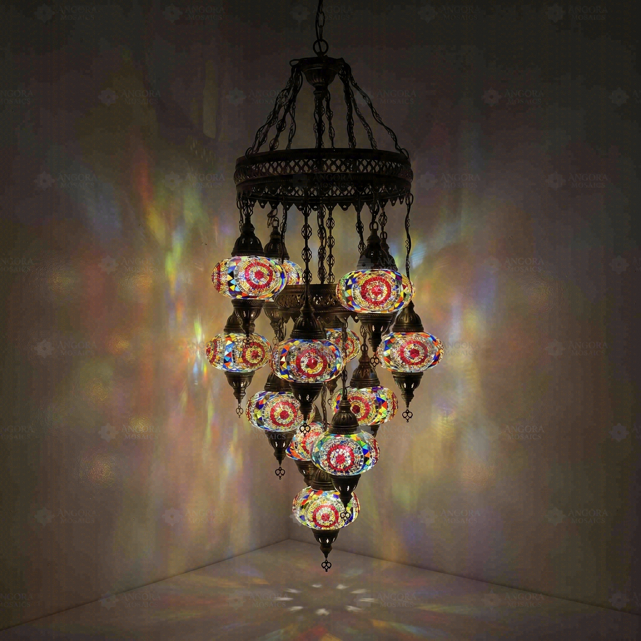 Multicolor Turkish mosaic chandelier illuminated, showing colorful light projection (ENV SLT13N3 (3021))