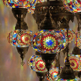 Lit close-up of mosaic glass globe — Multicolor chandelier glowing (ENV SLT13N3 (3021))