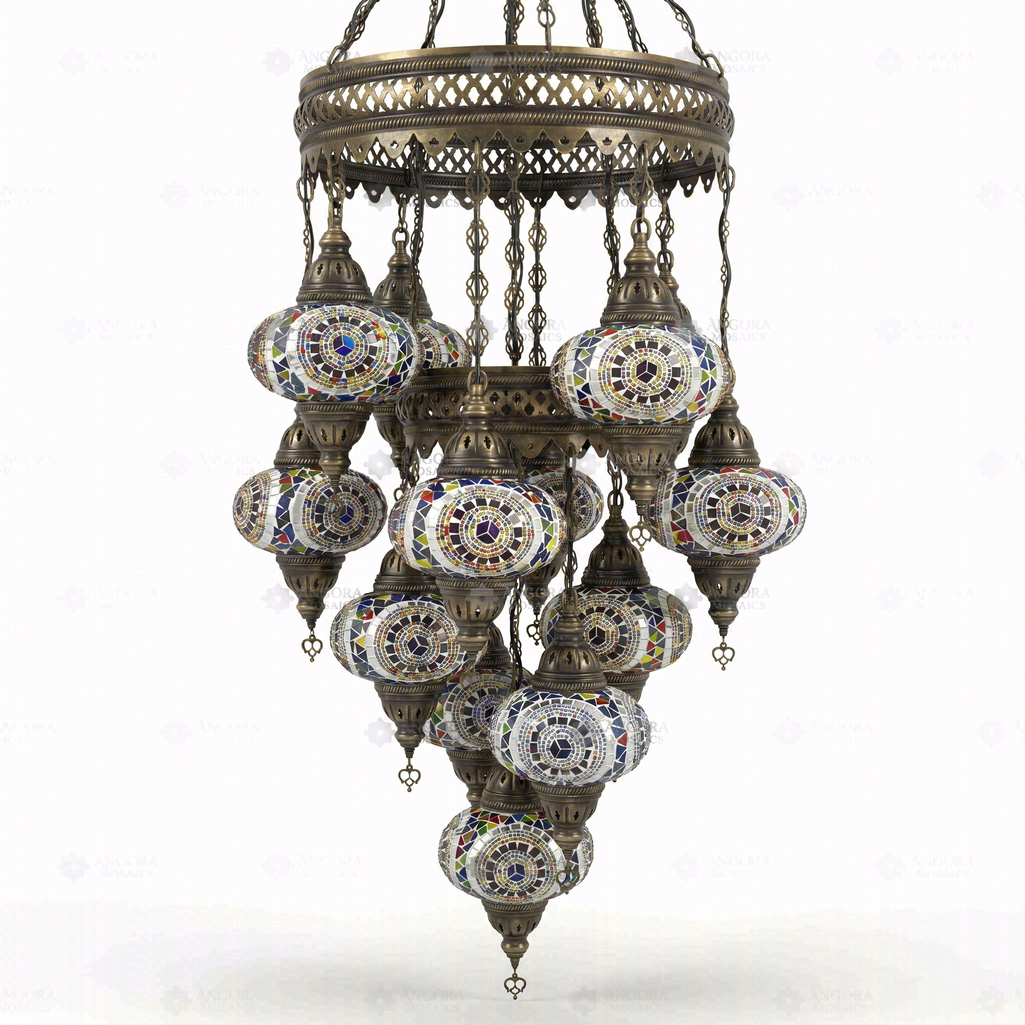 Full view of handmade Multicolor multicolor jewel Turkish mosaic chandelier on white background (ENV SLT13N3 (3021))