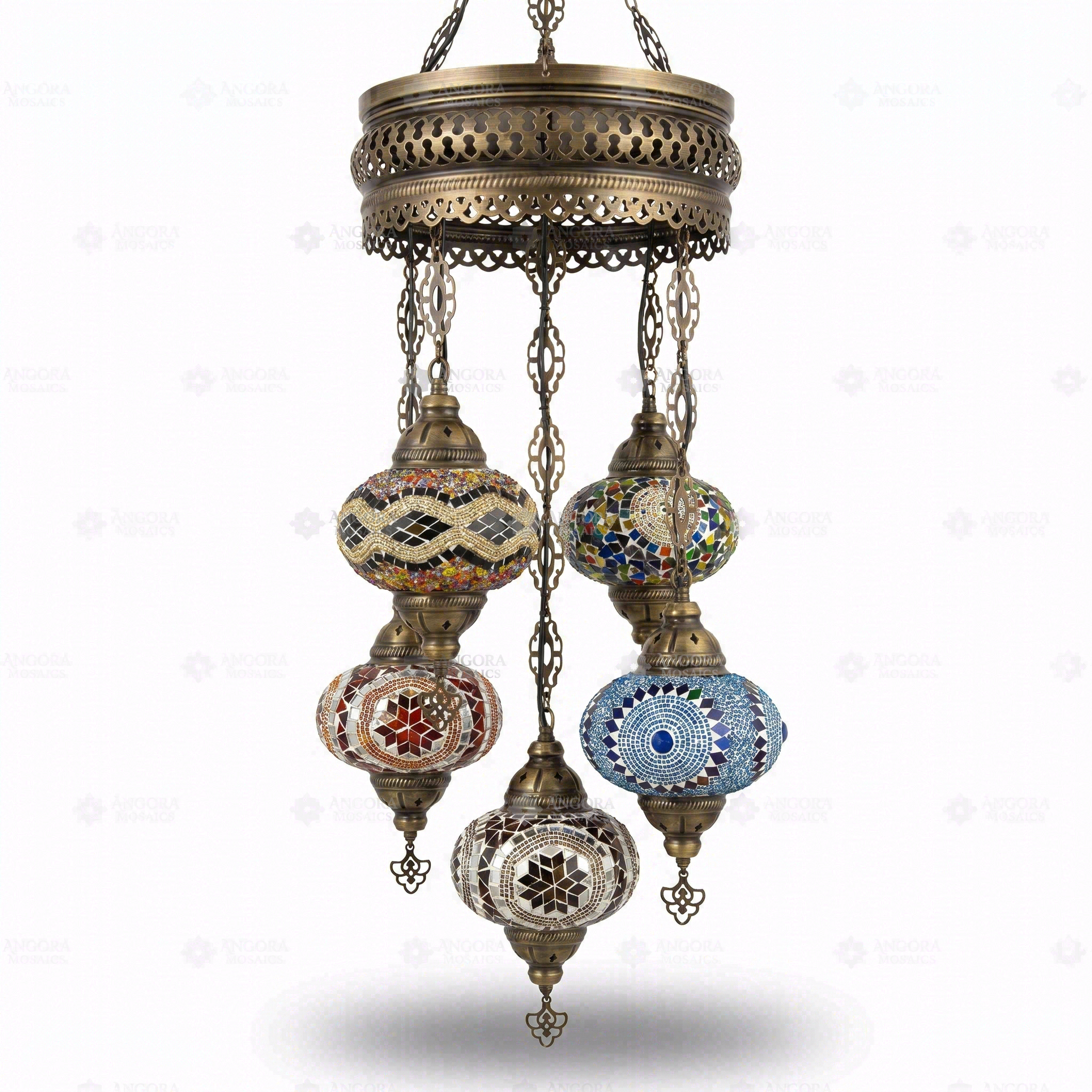 Full view of handmade Multicolor multicolor jewel Turkish mosaic chandelier on white background (ENV SLT5N3 (01-06-11-13-67))