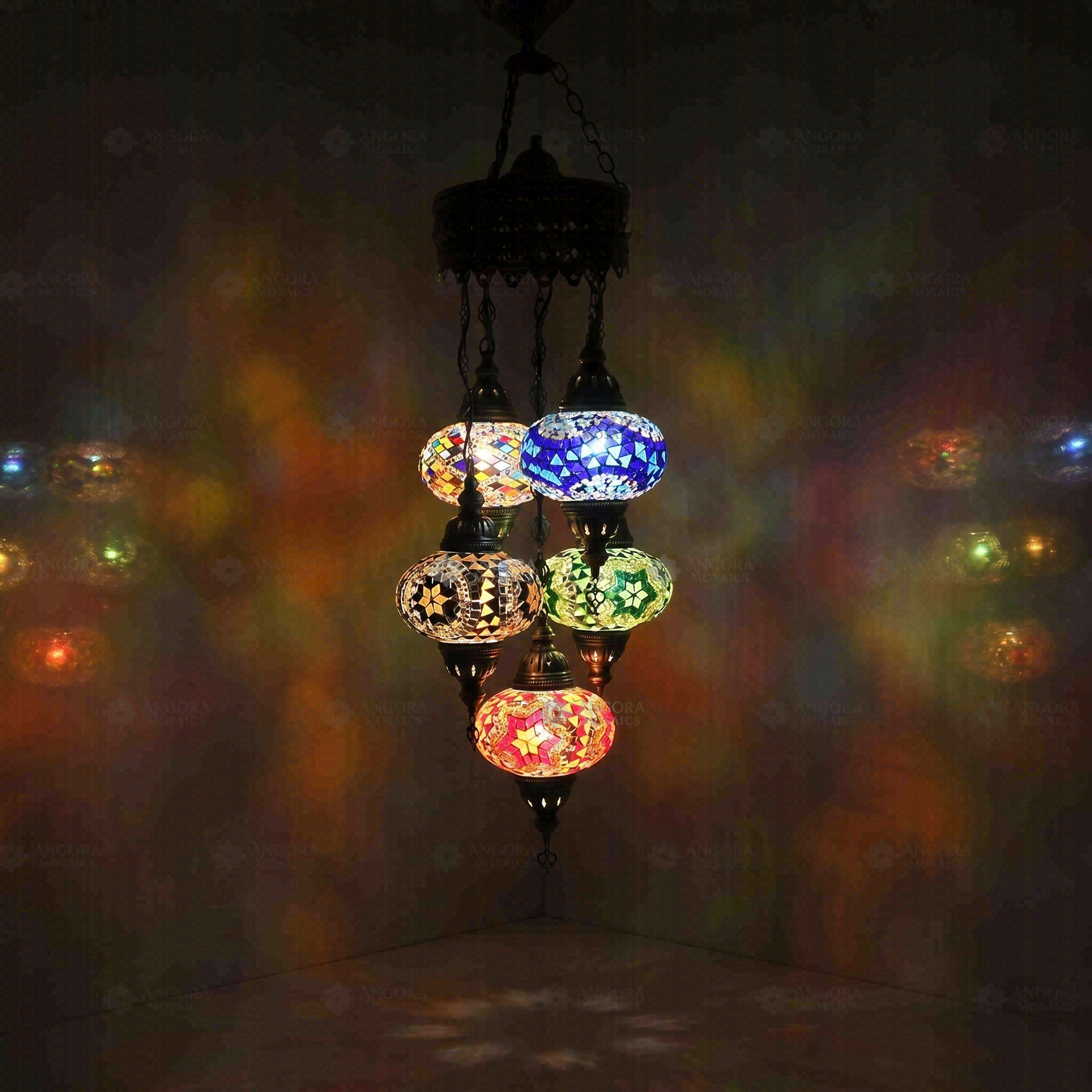 Multicolor Turkish mosaic chandelier illuminated, showing colorful light projection (ENV SLT5N3 (02-03-05-11-56))