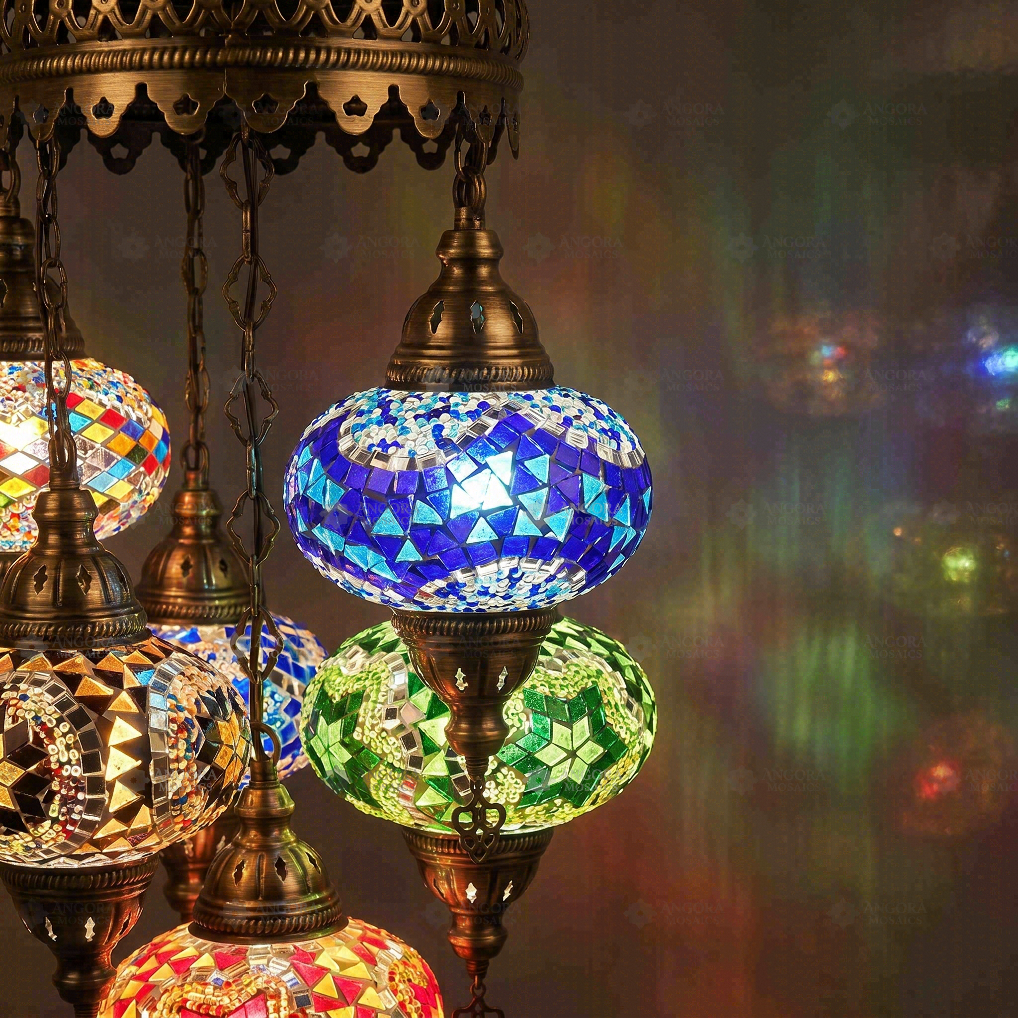 Lit close-up of mosaic glass globe — Multicolor chandelier glowing (ENV SLT5N3 (02-03-05-11-56))