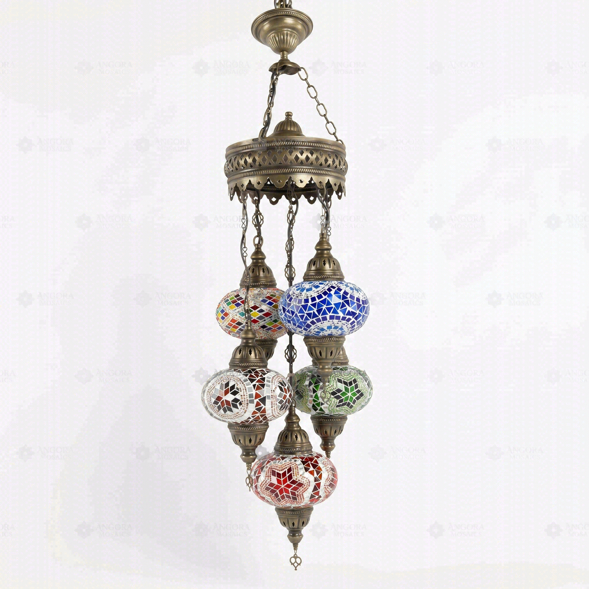 Full view of handmade Multicolor multicolor jewel Turkish mosaic chandelier on white background (ENV SLT5N3 (02-03-05-11-56))