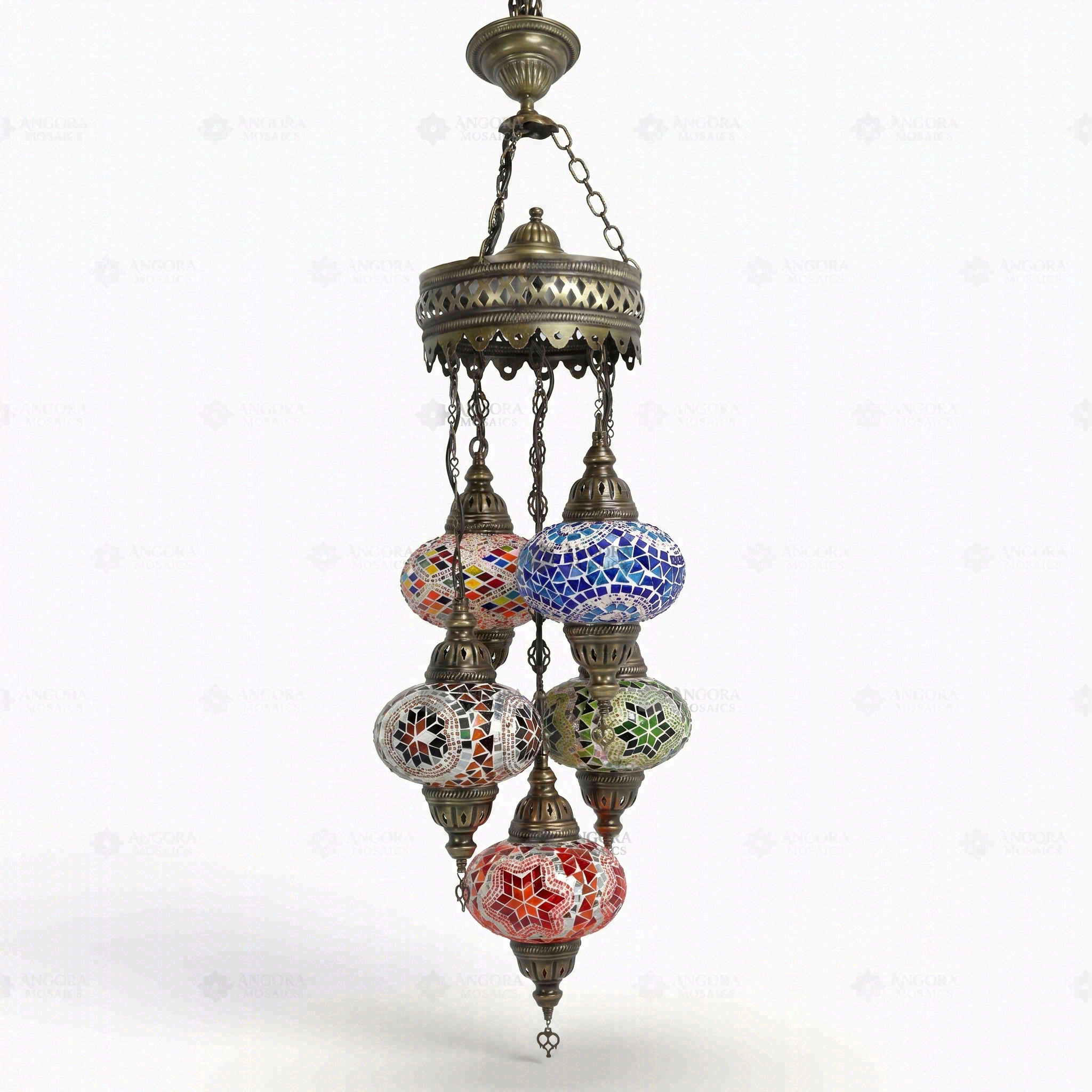 Full view of handmade Multicolor multicolor jewel Turkish mosaic chandelier on white background (ENV SLT5N3 (02-03-05-11-61))
