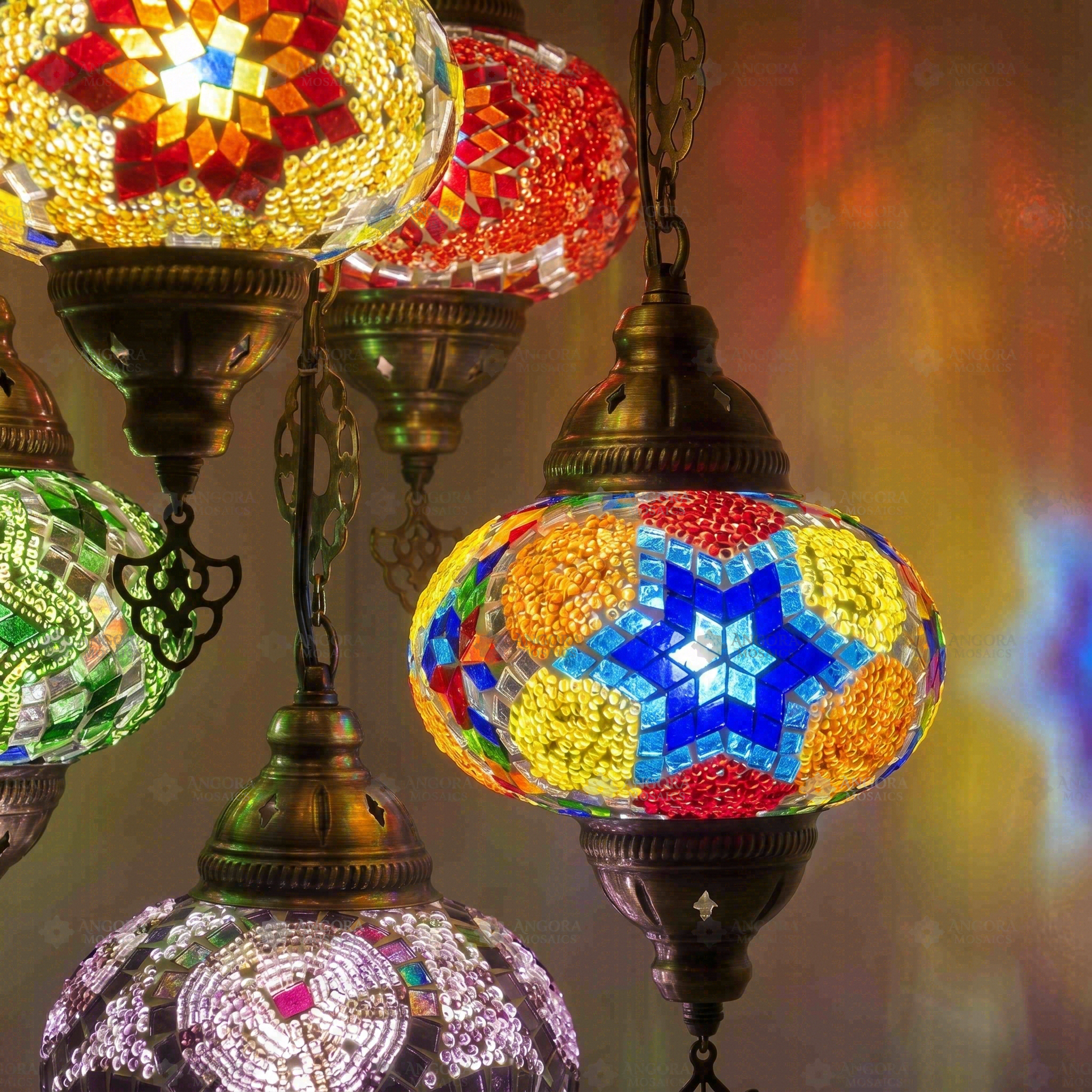Lit close-up of mosaic glass globe — Multicolor chandelier glowing (ENV SLT5N3 (03-07-41-61-90))