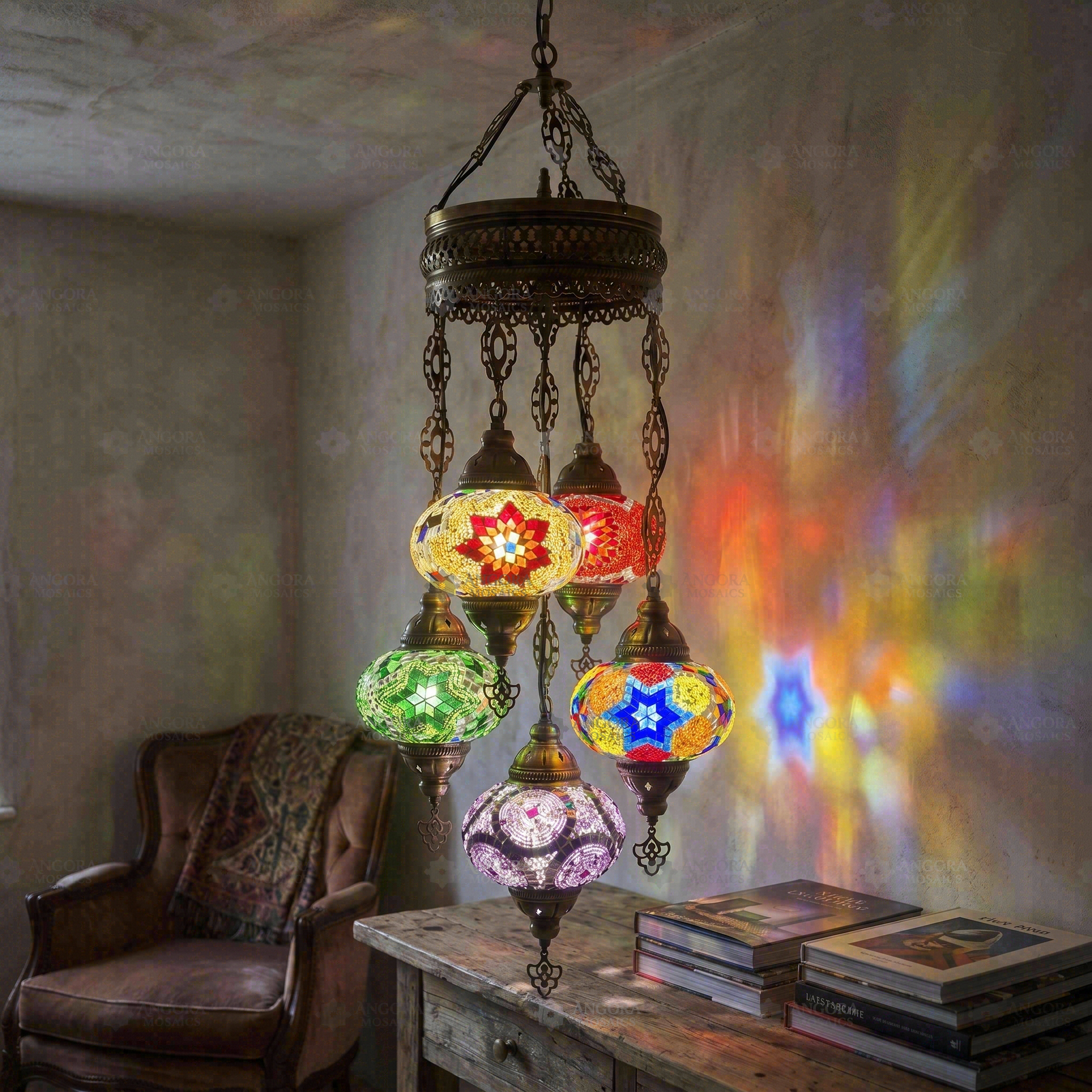 Multicolor multicolor jewel Turkish mosaic chandelier in styled room — handmade Moroccan chandelier (ENV SLT5N3 (03-07-41-61-90))