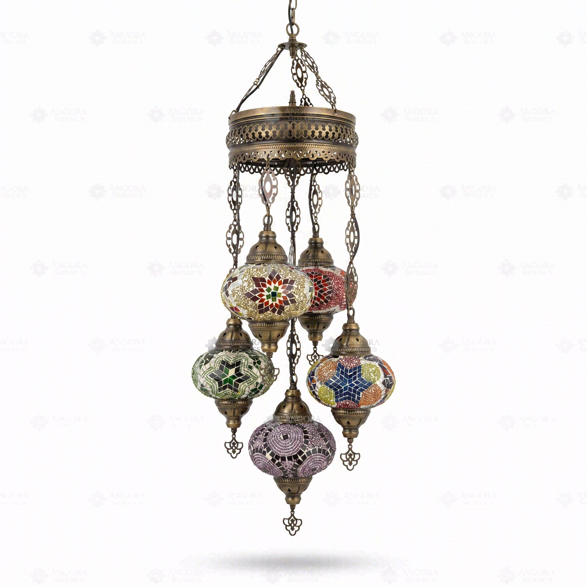 Full view of handmade Multicolor multicolor jewel Turkish mosaic chandelier on white background (ENV SLT5N3 (03-07-41-61-90))
