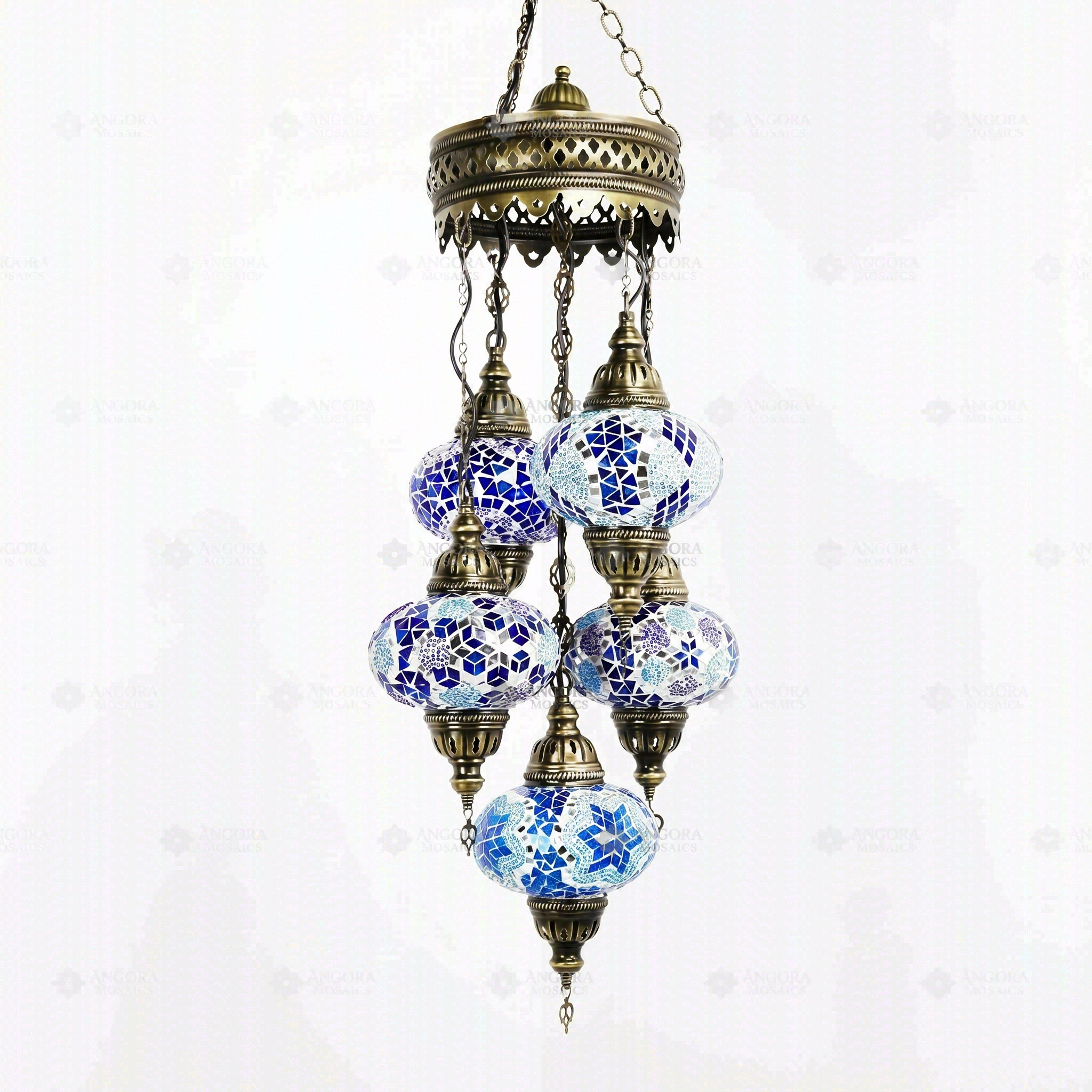 Full view of handmade Blue blue jewel Turkish mosaic chandelier on white background (ENV SLT5N3 (05-16-28-32-34))