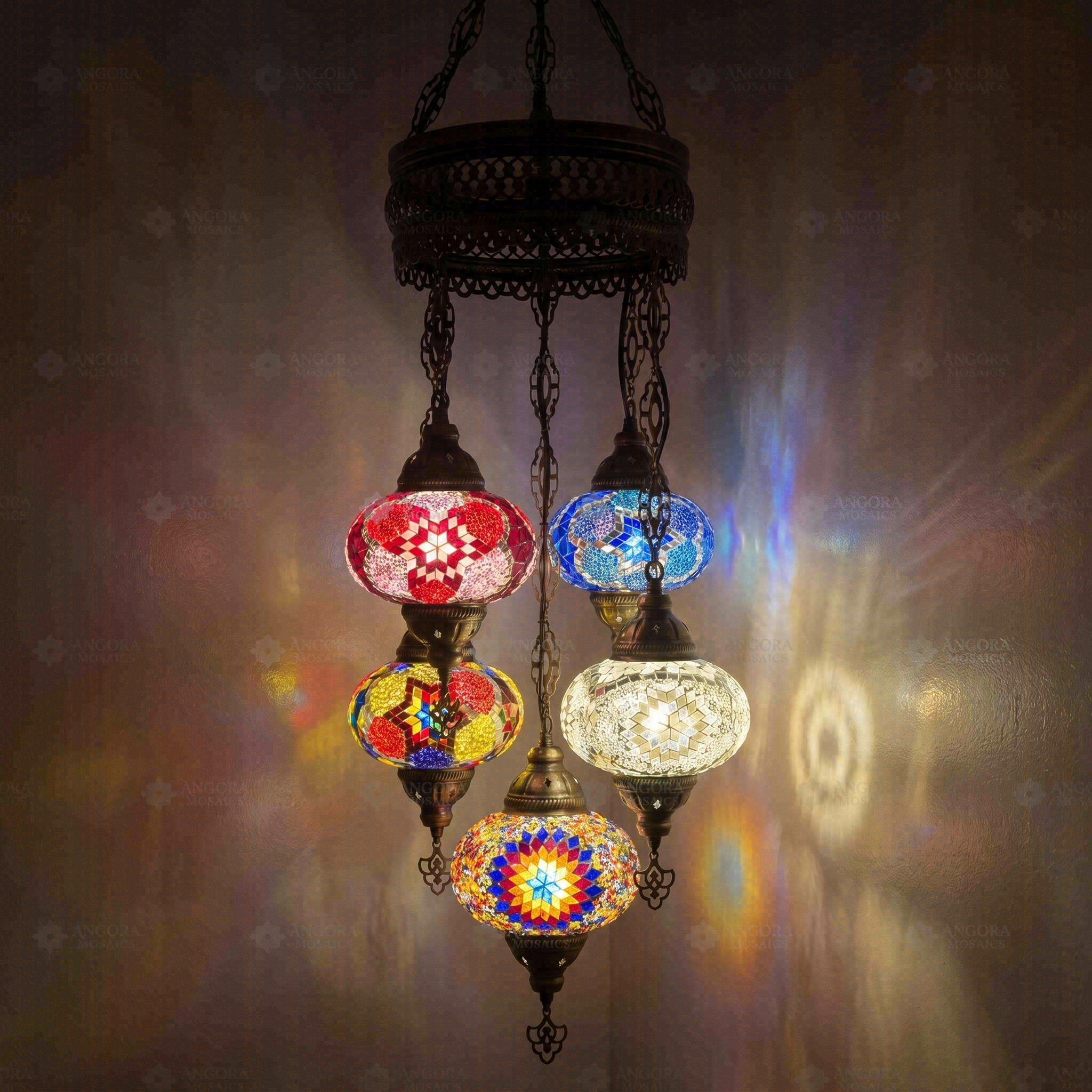 Multicolor Turkish mosaic chandelier illuminated, showing colorful light projection (ENV SLT5N3 (08-18-24-40-43))