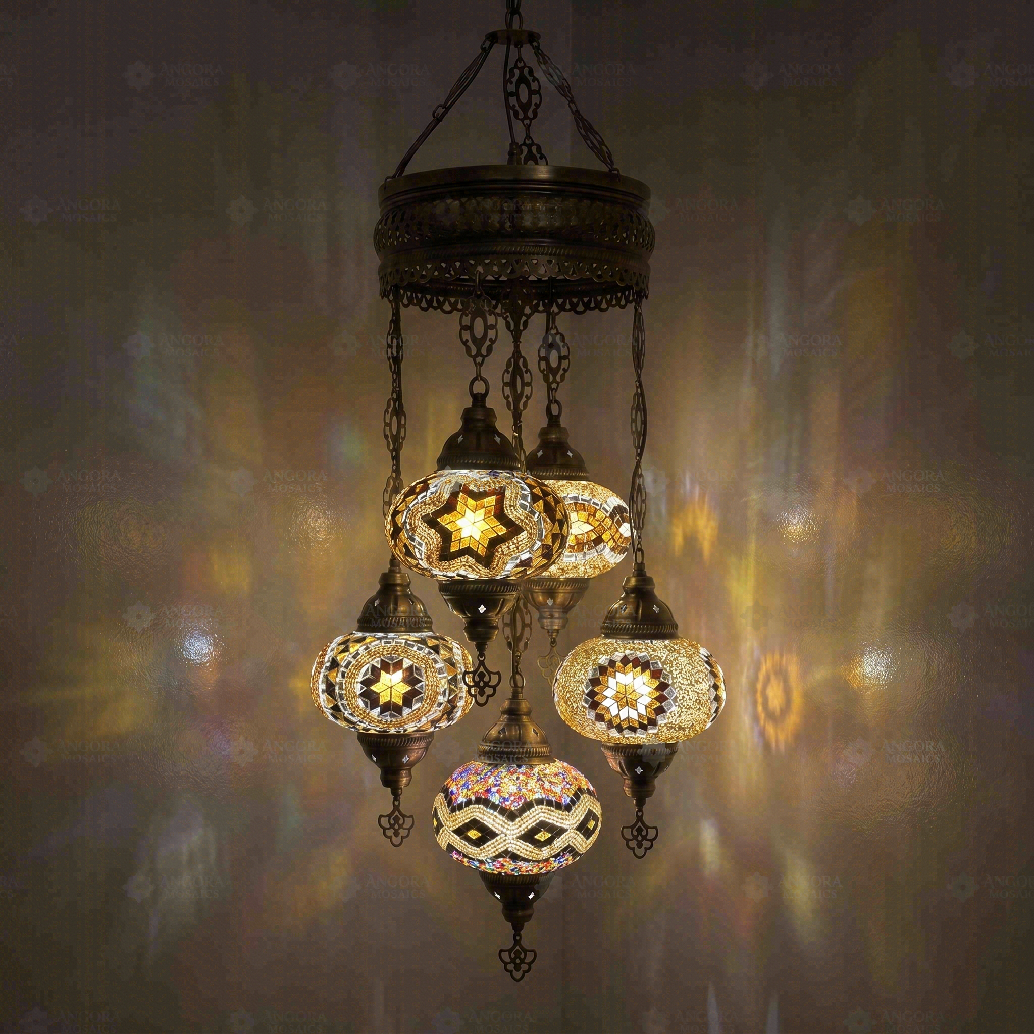 Warm Tones Turkish mosaic chandelier illuminated, showing colorful light projection (ENV SLT5N3 (13-26-31-64-67))