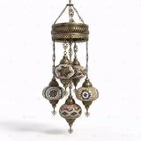 Full view of handmade Warm Tones mixed warm Turkish mosaic chandelier on white background (ENV SLT5N3 (13-26-31-64-67))