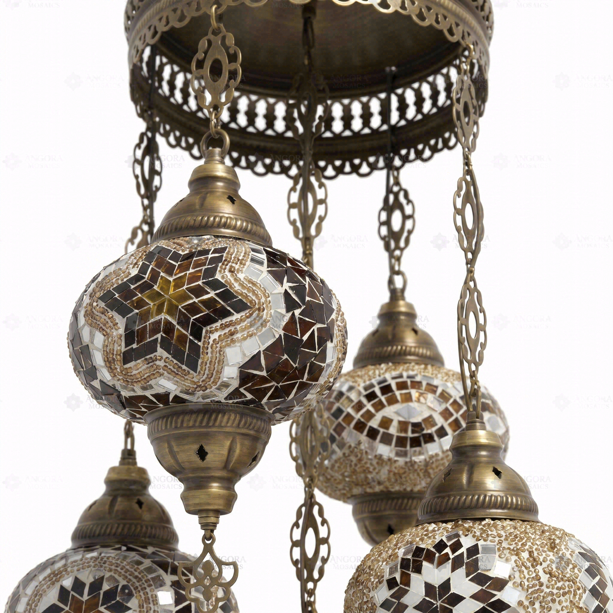 Close-up of Warm Tones mixed warm mosaic glass globe pattern — chandelier (ENV SLT5N3 (13-26-31-64-67))