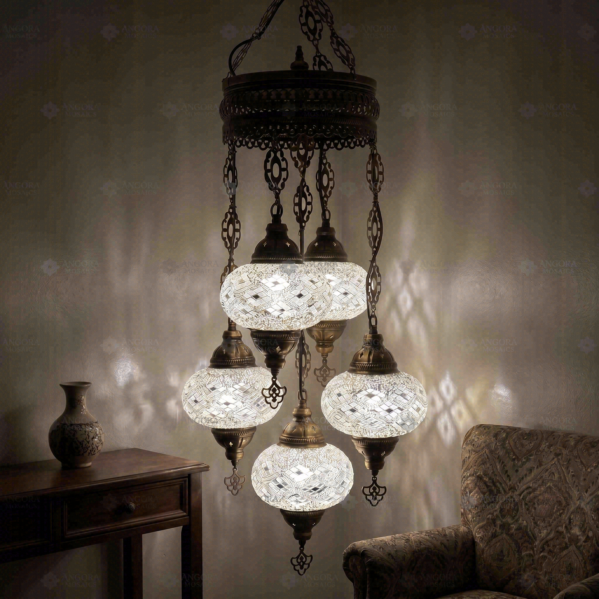 White white glow Turkish mosaic chandelier in styled room — handmade Moroccan chandelier (ENV SLT5N3 (3012))