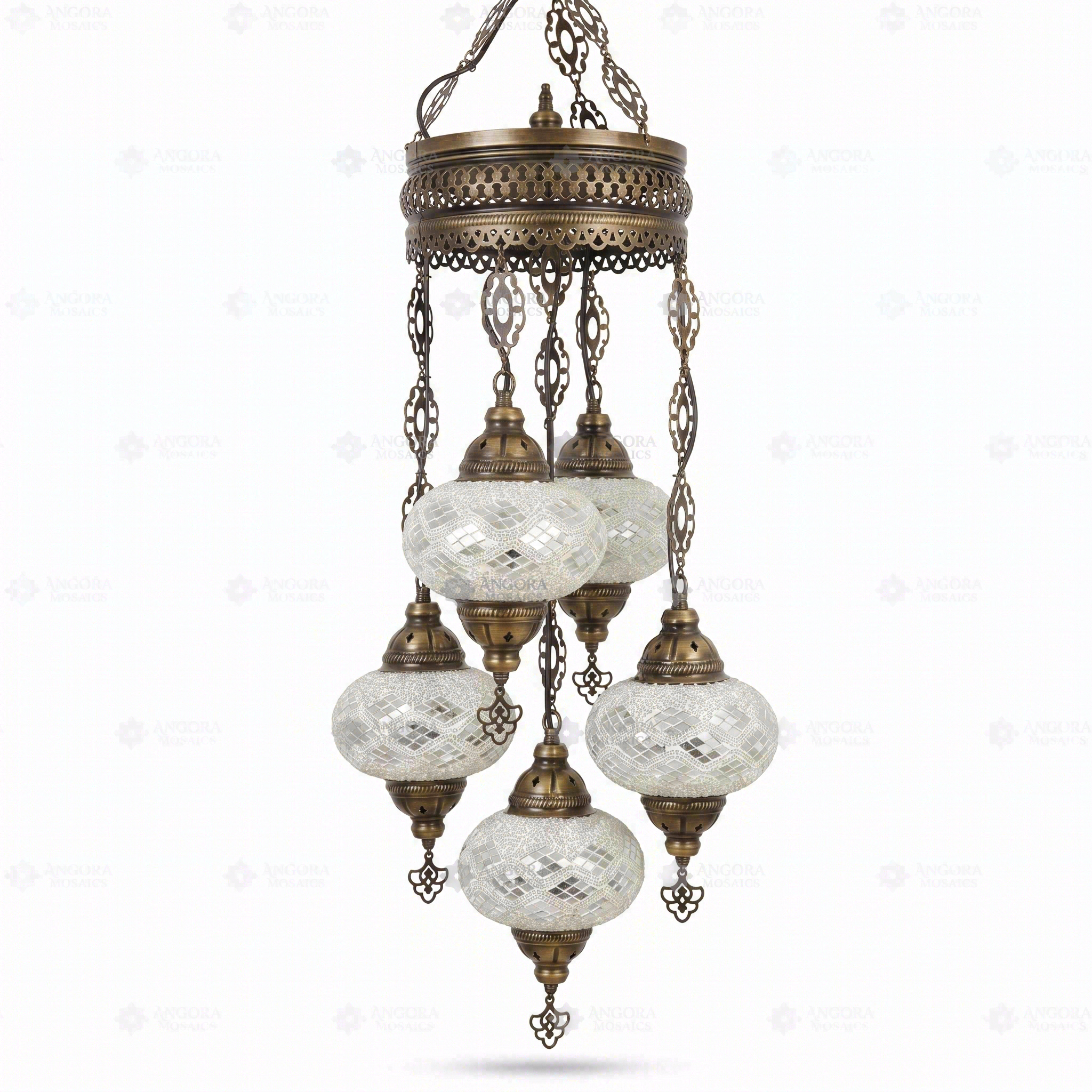 Full view of handmade White white glow Turkish mosaic chandelier on white background (ENV SLT5N3 (3012))
