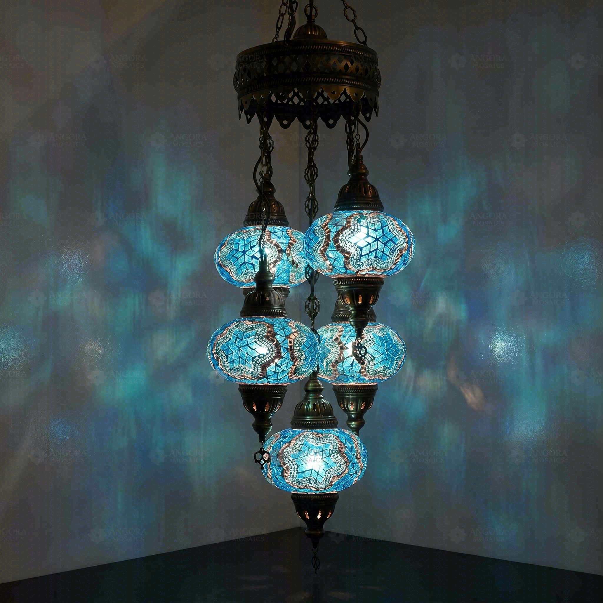 Blue Turkish mosaic chandelier illuminated, showing colorful light projection (ENV SLT5N3 (3016))