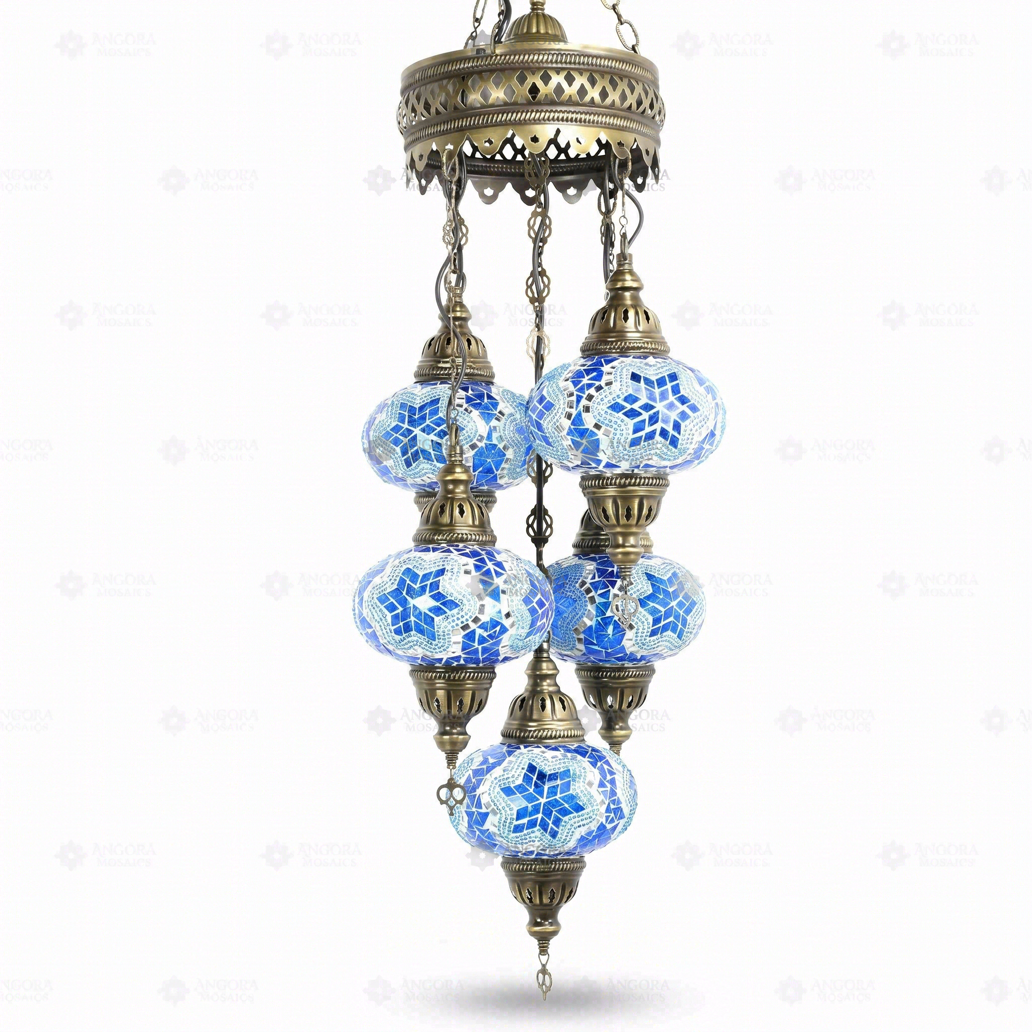 Full view of handmade Blue blue jewel Turkish mosaic chandelier on white background (ENV SLT5N3 (3016))