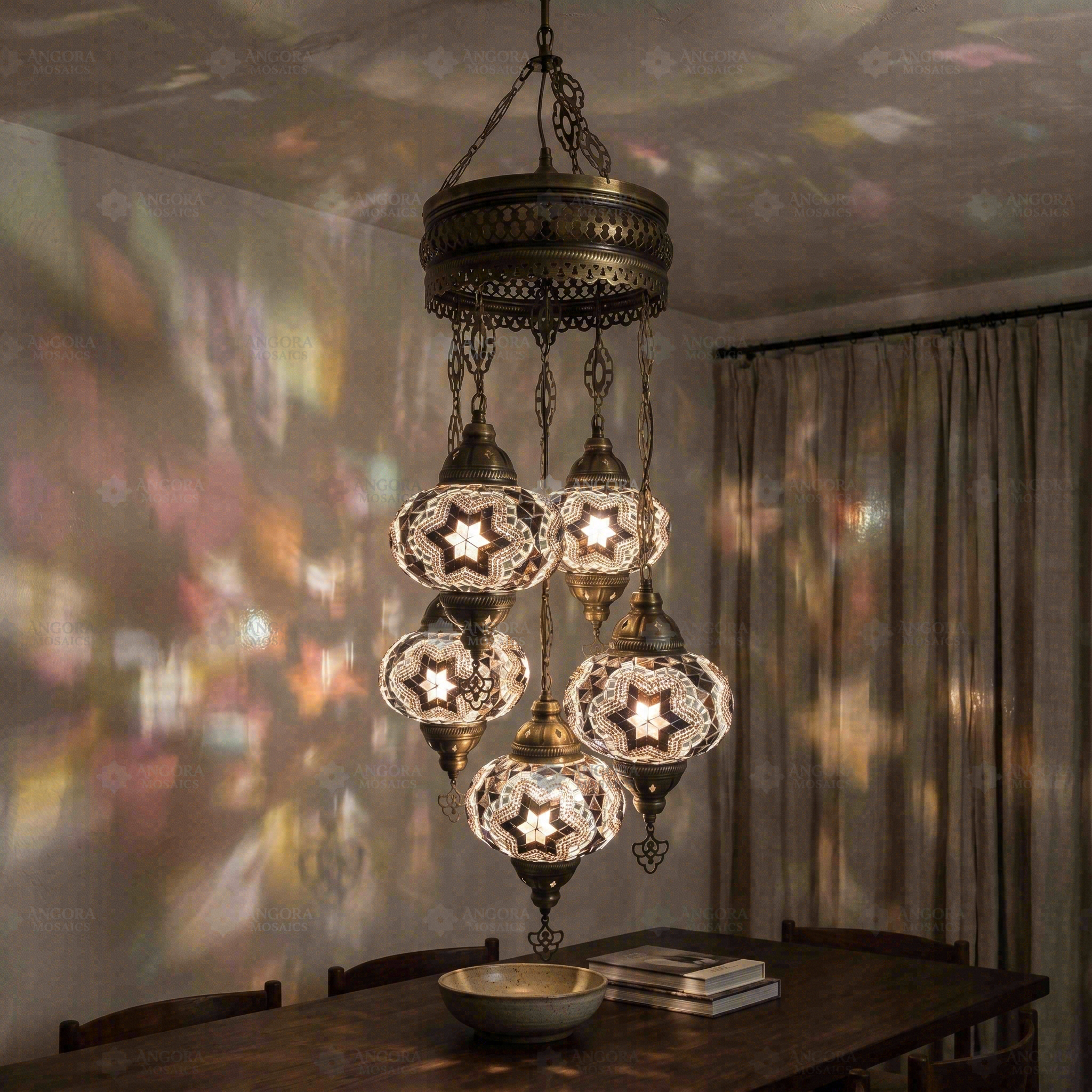 Clear clear neutral Turkish mosaic chandelier in styled room — handmade Moroccan chandelier (ENV SLT5N3 (3019))