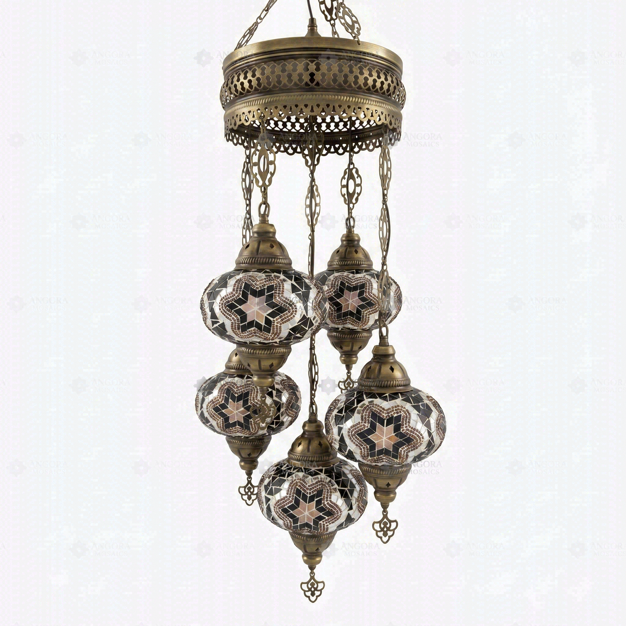 Full view of handmade Clear clear neutral Turkish mosaic chandelier on white background (ENV SLT5N3 (3019))