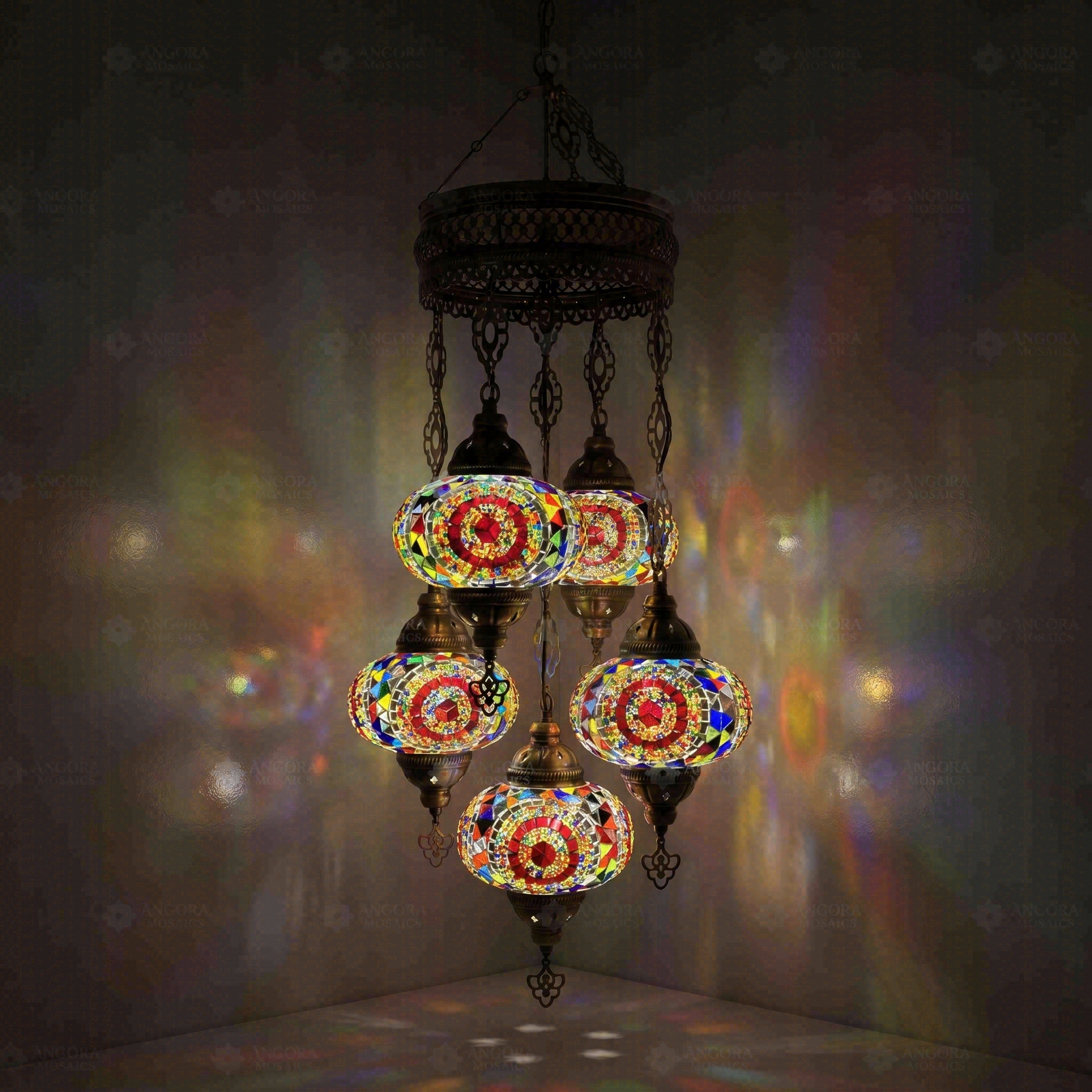 Multicolor Turkish mosaic chandelier illuminated, showing colorful light projection (ENV SLT5N3 (3021))